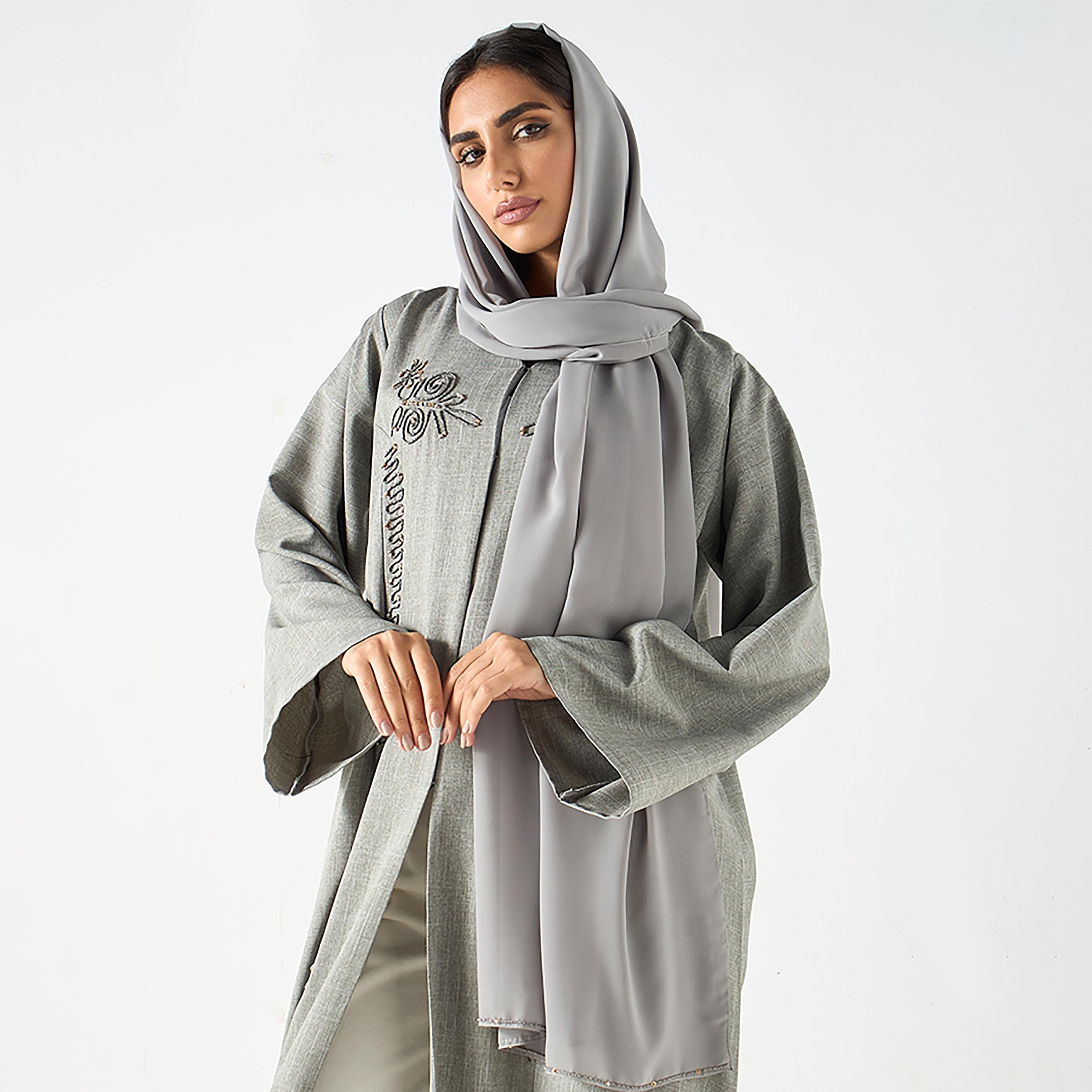 Hadiyath Al Madinah Grey Beaded Women's Abaya with Hijab-women-arabicclothing-abayas-image-2