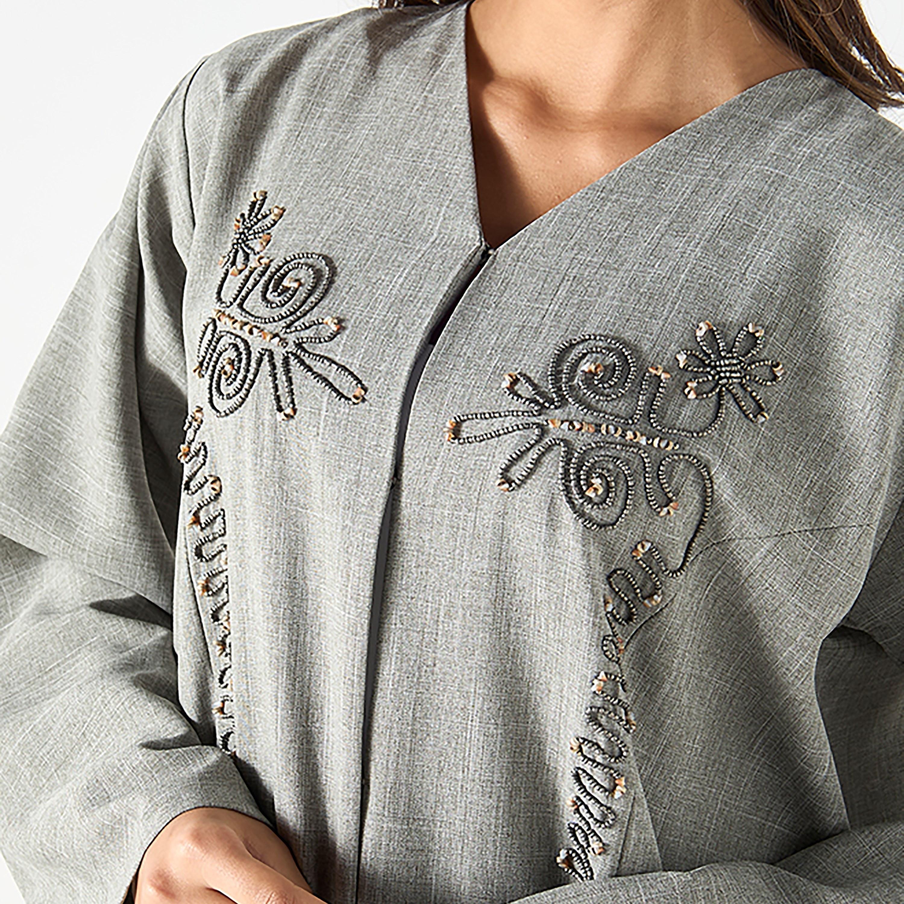 Hadiyath Al Madinah Grey Beaded Women's Abaya with Hijab-women-arabicclothing-abayas-image-3
