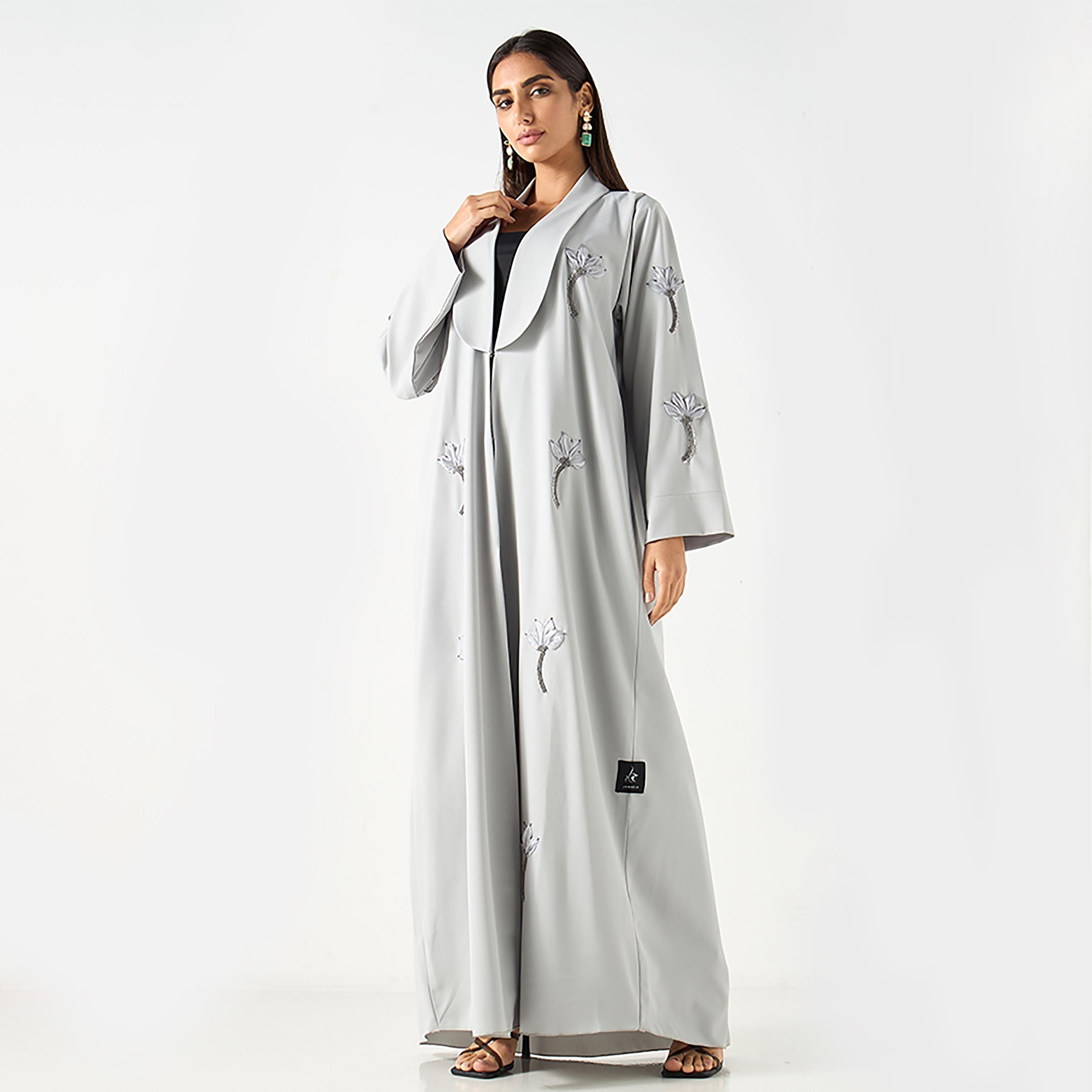 Hadiyath Al Madinah Lapel Collar Floral Embellished Satin Women's Abaya with Hijab-women-arabicclothing-abayas-image-1