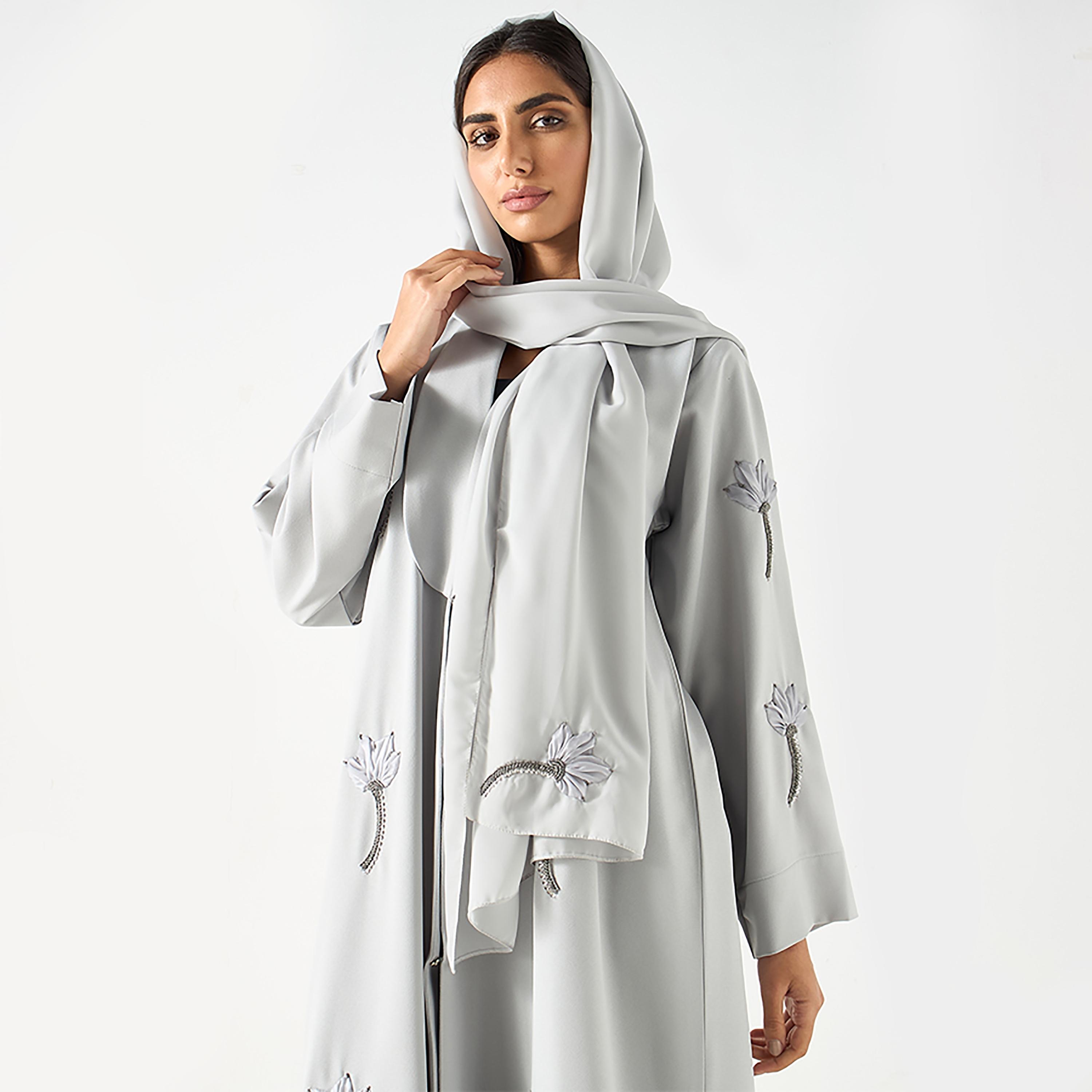 Hadiyath Al Madinah Lapel Collar Floral Embellished Satin Women's Abaya with Hijab-women-arabicclothing-abayas-image-2