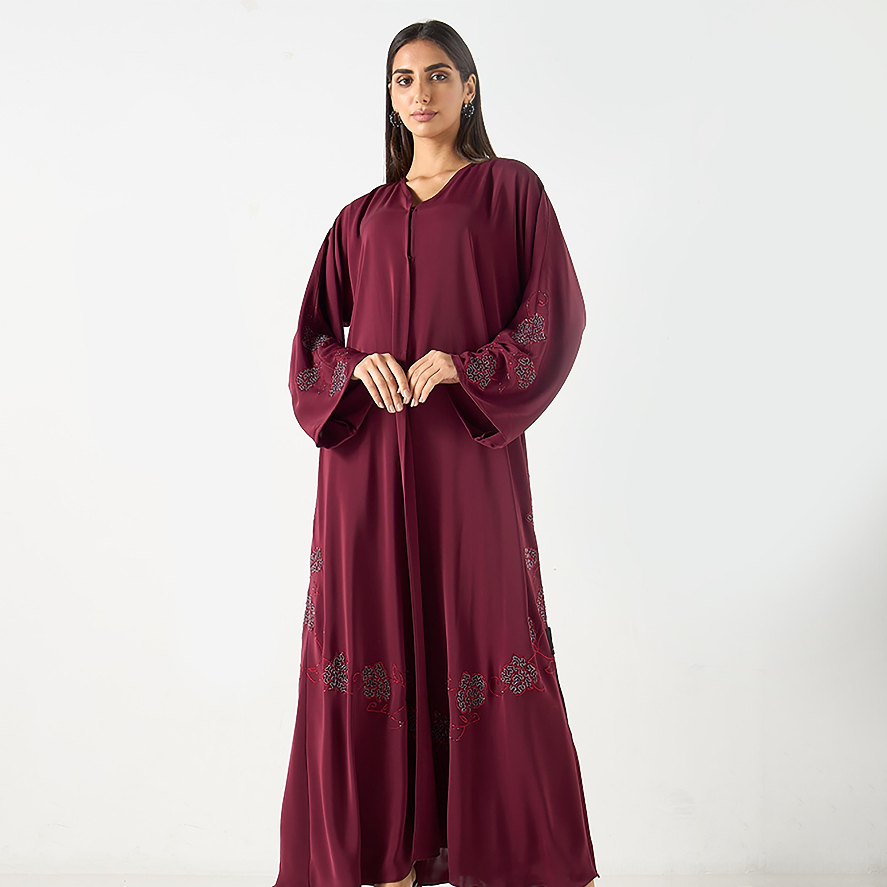 Hadiyath Al Madinah Burgundy Intricate Embroidered and Embellished Nada Women's Abaya with Hijab-women-arabicclothing-abayas-image-1
