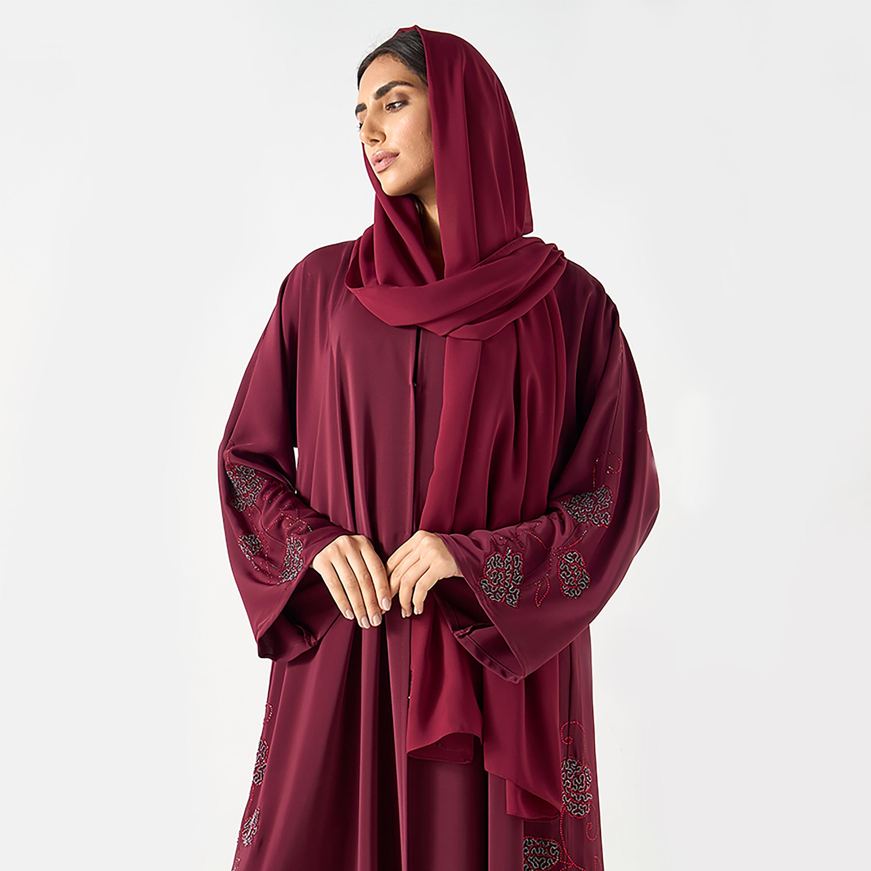 Hadiyath Al Madinah Burgundy Intricate Embroidered and Embellished Nada Women's Abaya with Hijab-women-arabicclothing-abayas-image-2