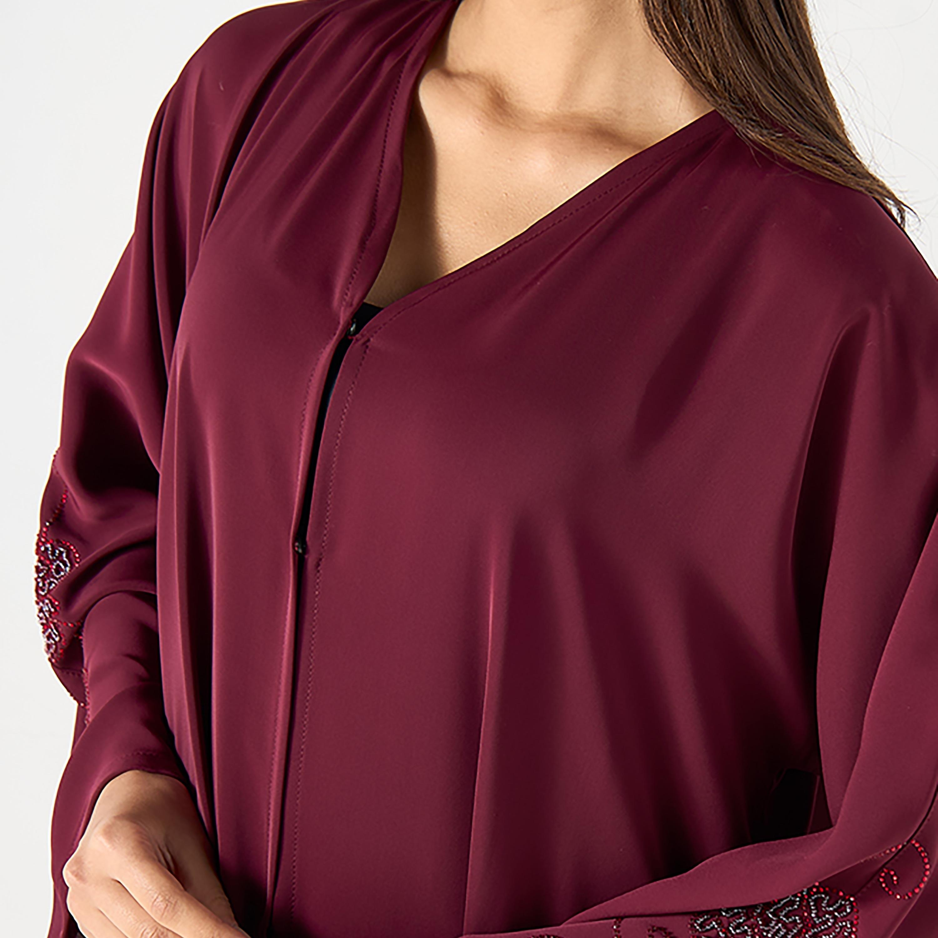 Hadiyath Al Madinah Burgundy Intricate Embroidered and Embellished Nada Women's Abaya with Hijab-women-arabicclothing-abayas-image-3