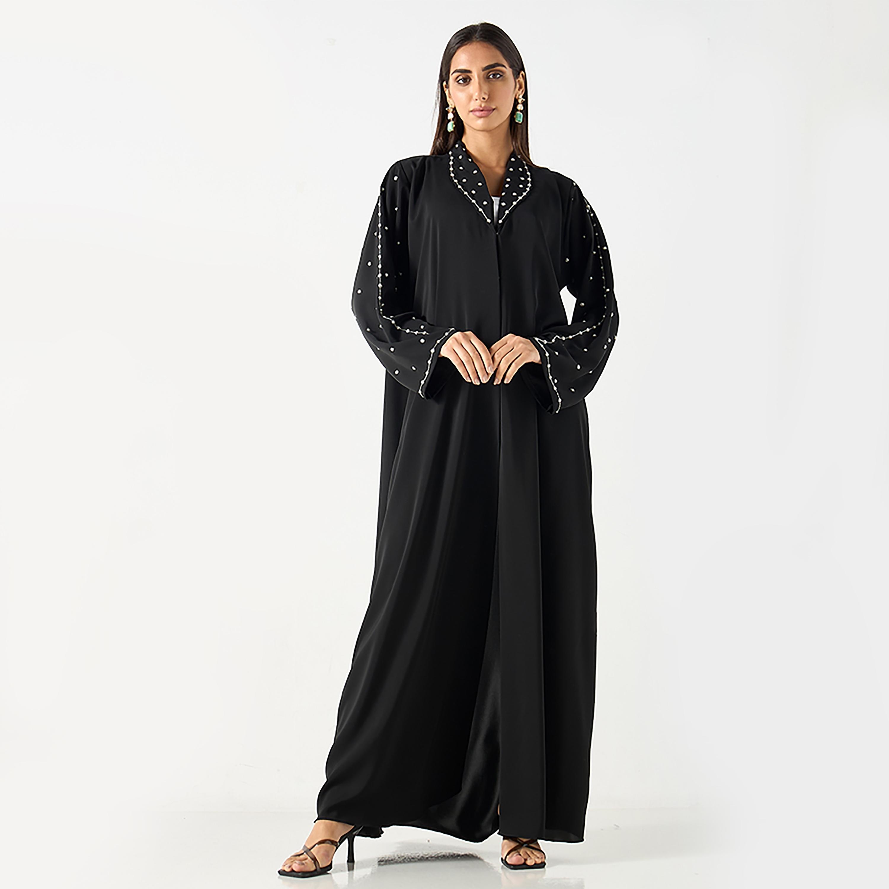 عباية نسائية ندى مزينة باللؤلؤ الأسود مع حجاب من حديث المدينة-women-arabicclothing-abayas-image-1