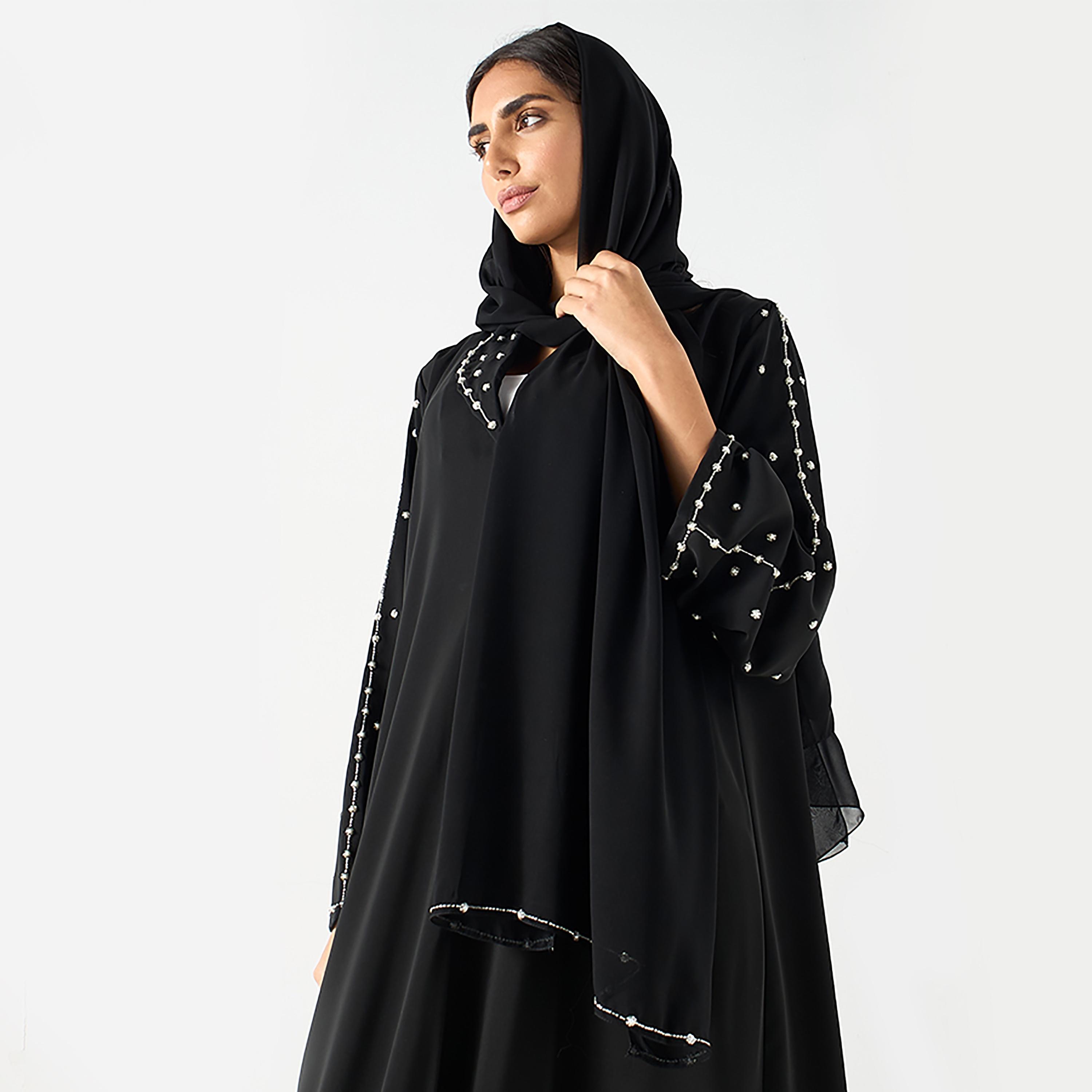 عباية نسائية ندى مزينة باللؤلؤ الأسود مع حجاب من حديث المدينة-women-arabicclothing-abayas-image-2