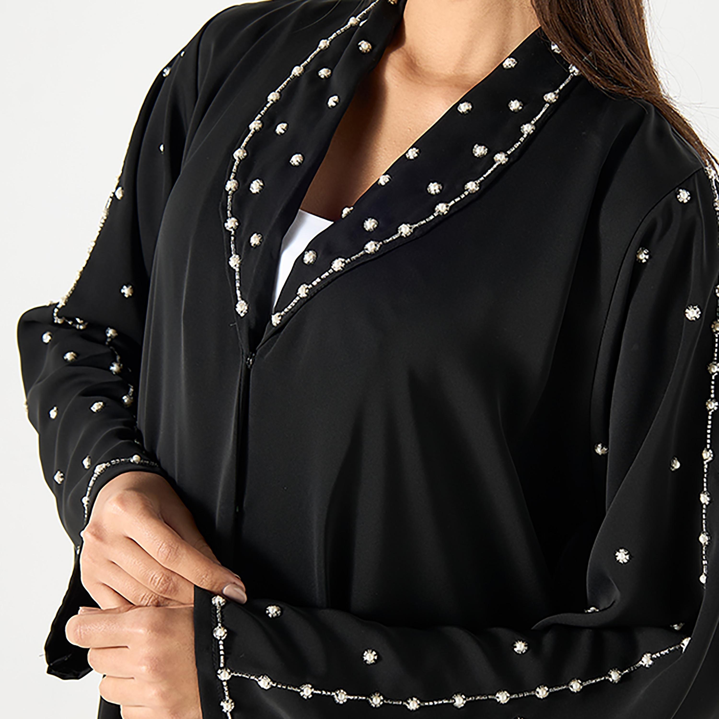 عباية نسائية ندى مزينة باللؤلؤ الأسود مع حجاب من حديث المدينة-women-arabicclothing-abayas-image-3