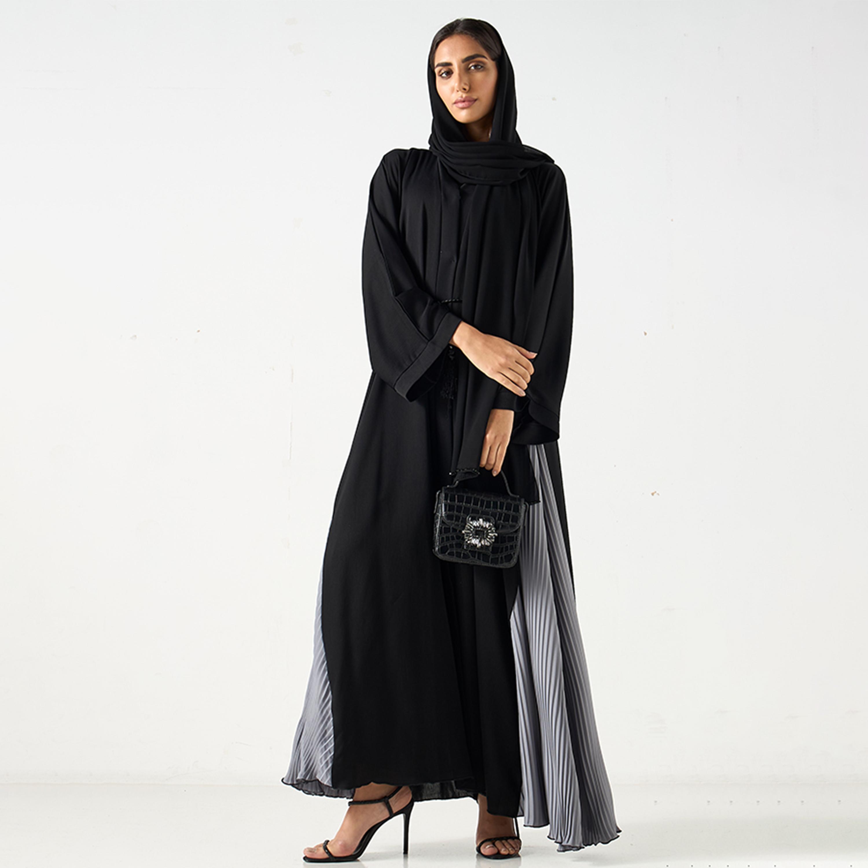 Hadiyath Al Madinah Two Tone Pleated Women's Abaya with Hijab-women-arabicclothing-abayas-image-1