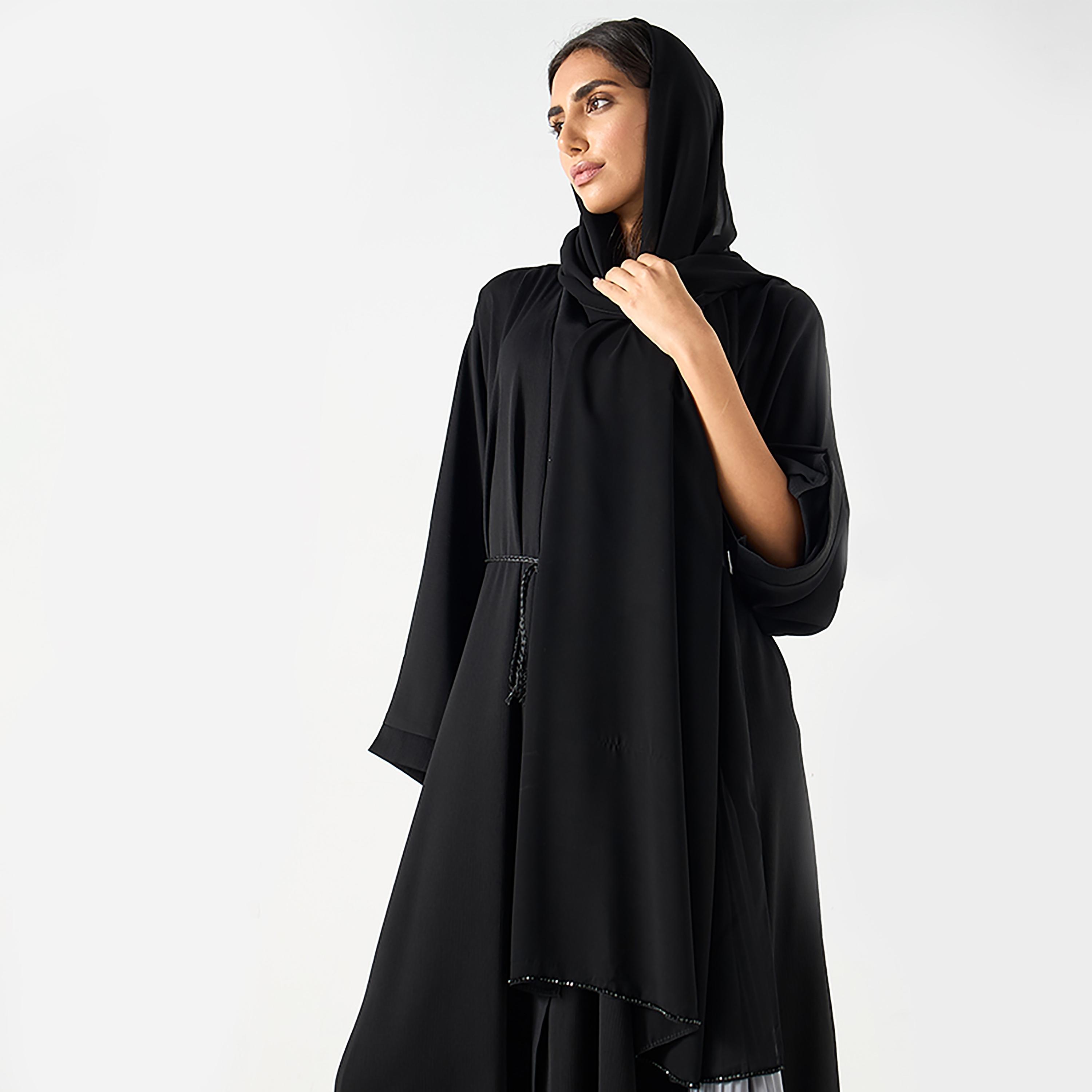 Hadiyath Al Madinah Two Tone Pleated Women's Abaya with Hijab-women-arabicclothing-abayas-image-2