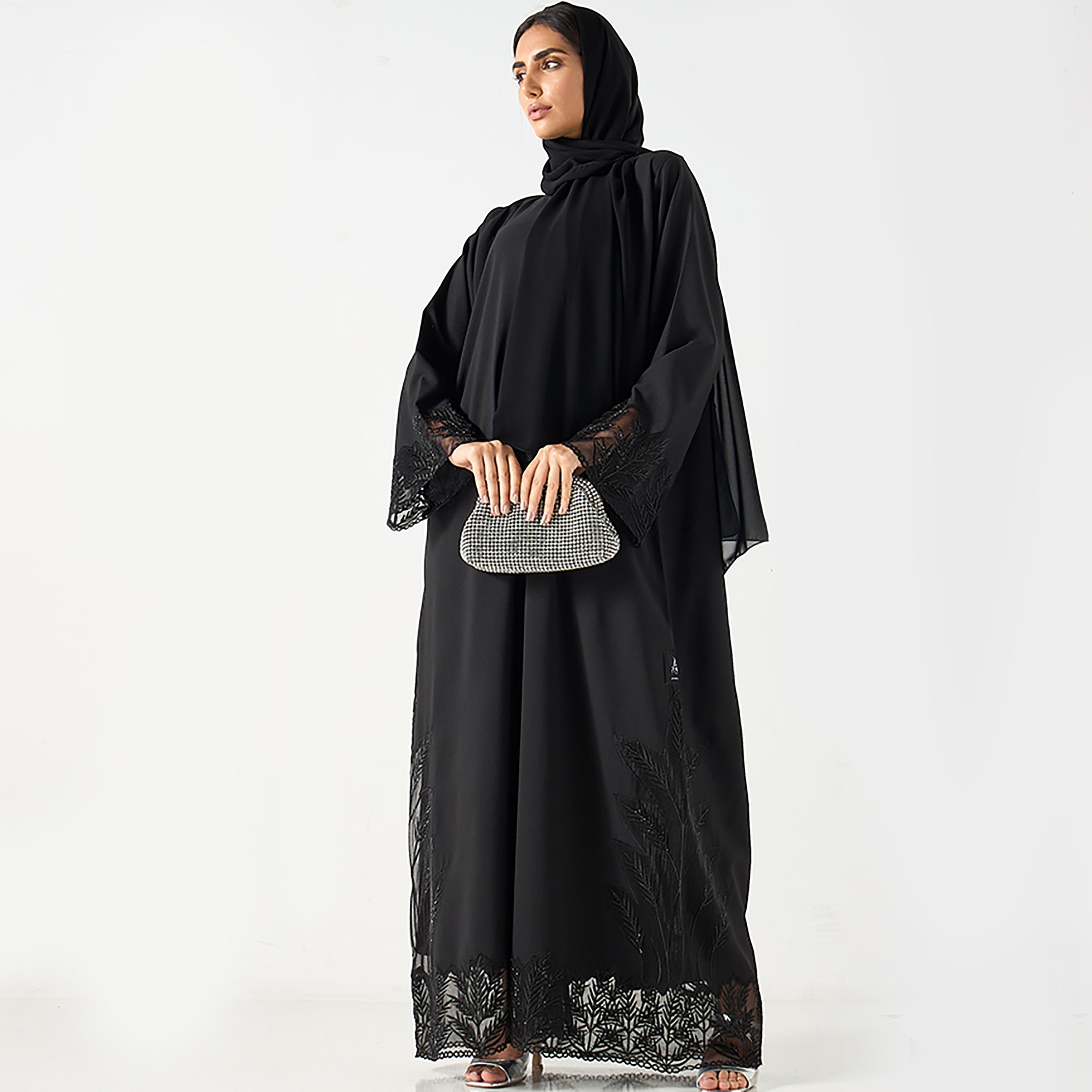 عباية نسائية شفافة أحادية اللون مطرزة مع حجاب من حديث المدينة-women-arabicclothing-abayas-image-1