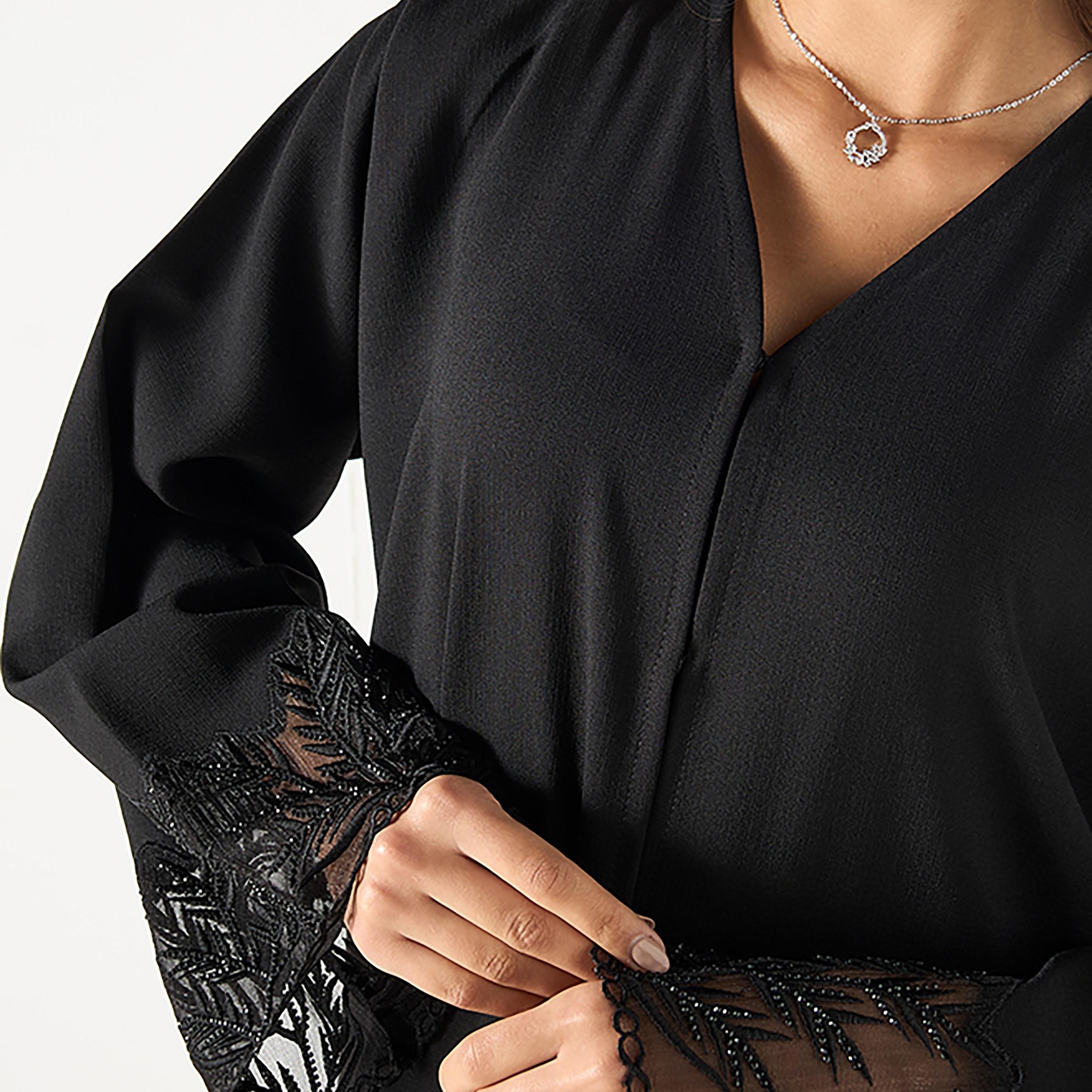 عباية نسائية شفافة أحادية اللون مطرزة مع حجاب من حديث المدينة-women-arabicclothing-abayas-image-2