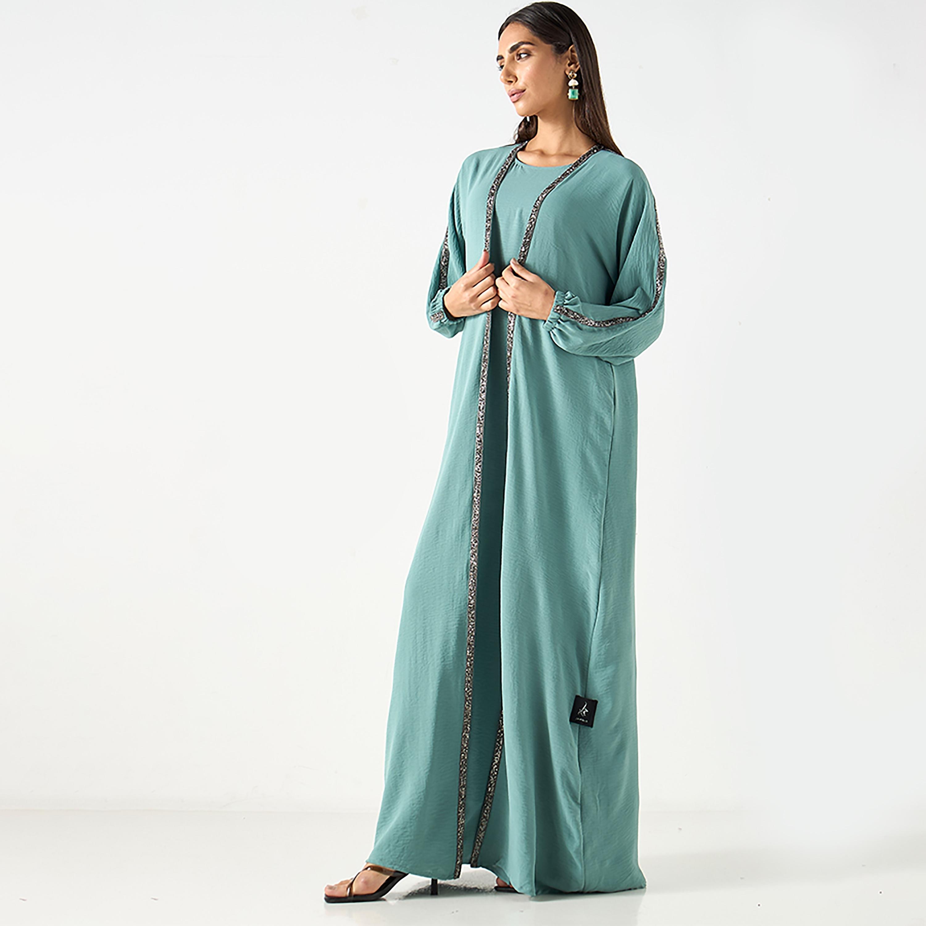 عباية نسائية مفتوحة من الكريب الأزرق المزخرف مع حجاب من حديث المدينة-women-arabicclothing-abayas-image-3
