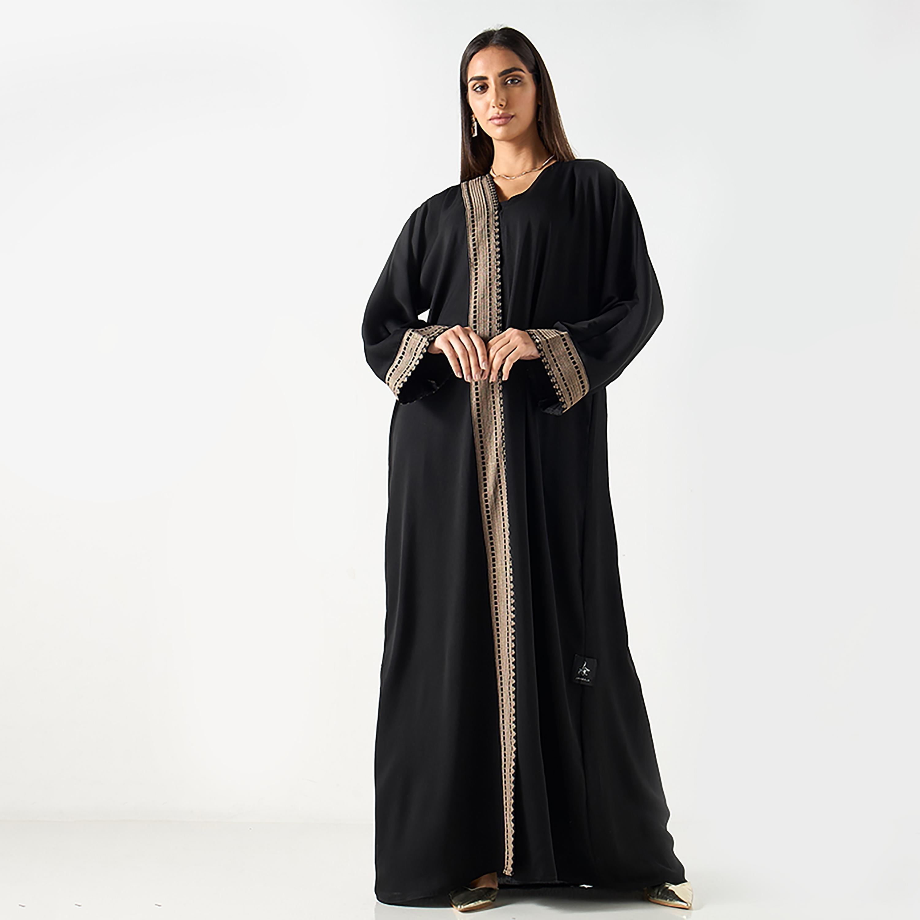 Hadiyath Al Madinah Black Intricate Embroidered Crepe Women's Abaya with Hijab-women-arabicclothing-abayas-image-1