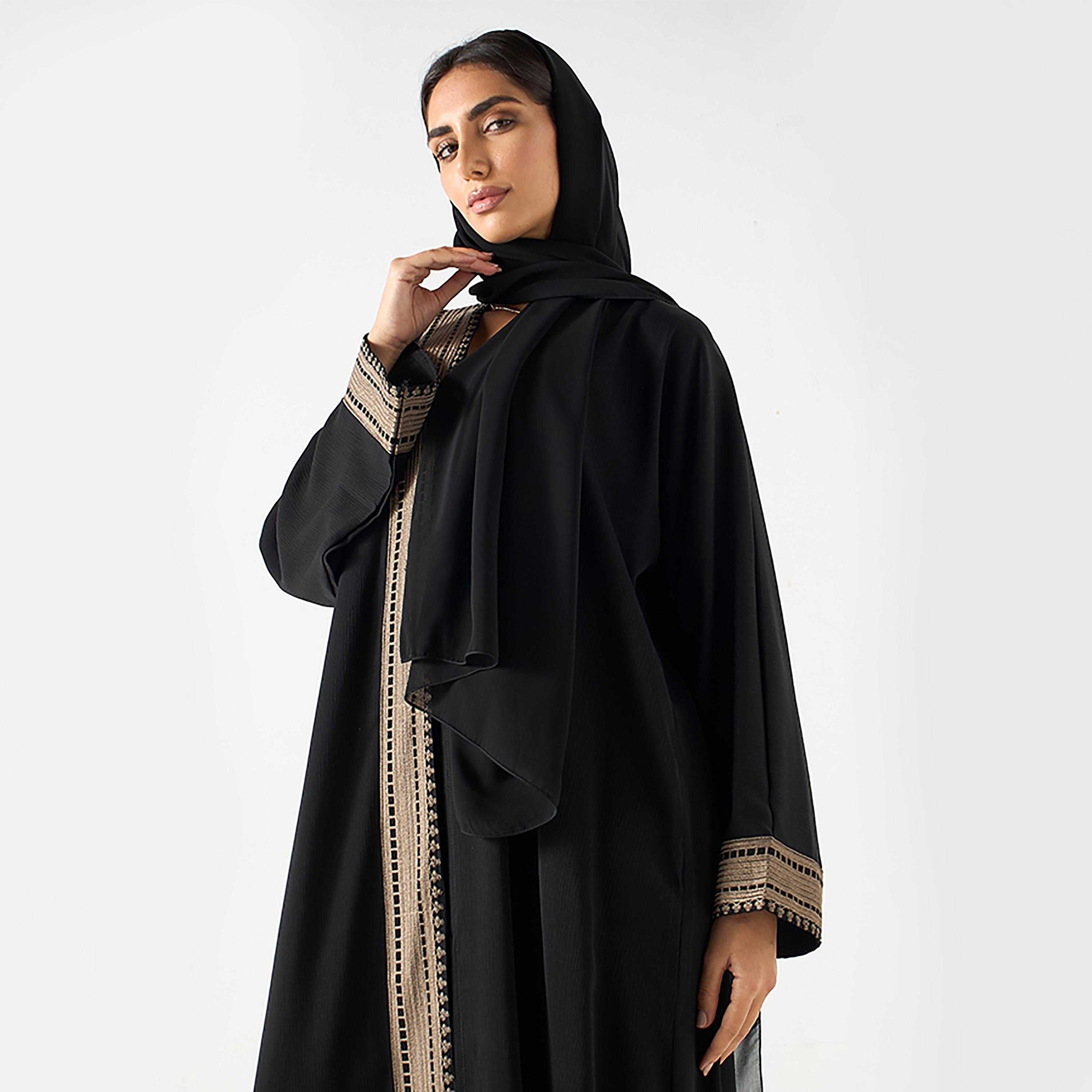 Hadiyath Al Madinah Black Intricate Embroidered Crepe Women's Abaya with Hijab-women-arabicclothing-abayas-image-2