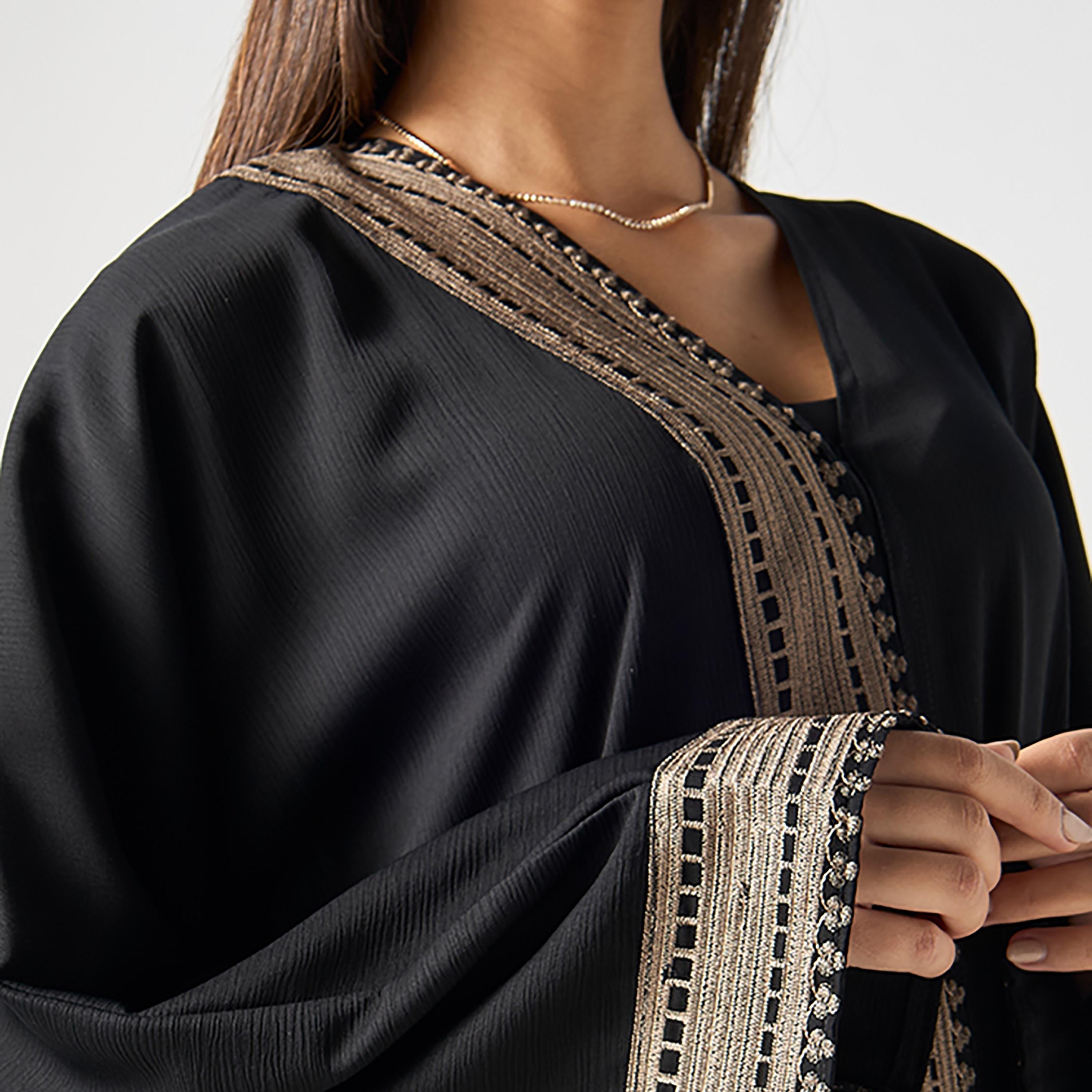 Hadiyath Al Madinah Black Intricate Embroidered Crepe Women's Abaya with Hijab-women-arabicclothing-abayas-image-3