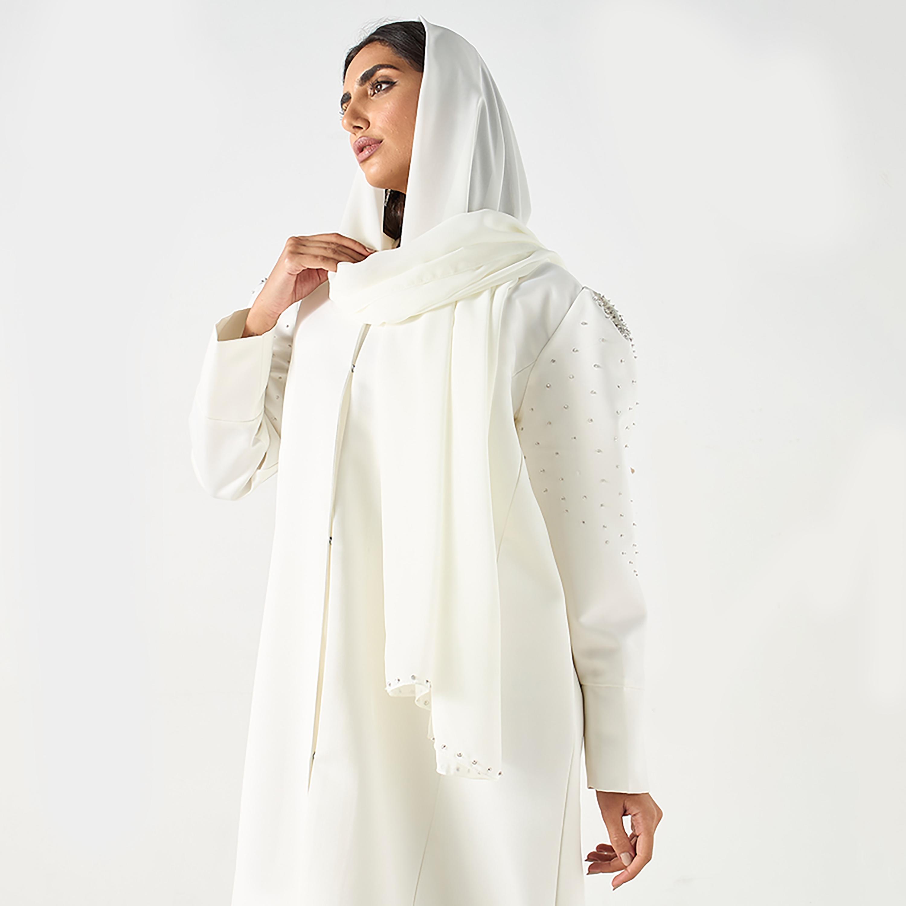 عباية نسائية من الساتان الأبيض بأكمام منفوخة مزينة بالكريستال مع حجاب من حديث المدينة-women-arabicclothing-abayas-image-2
