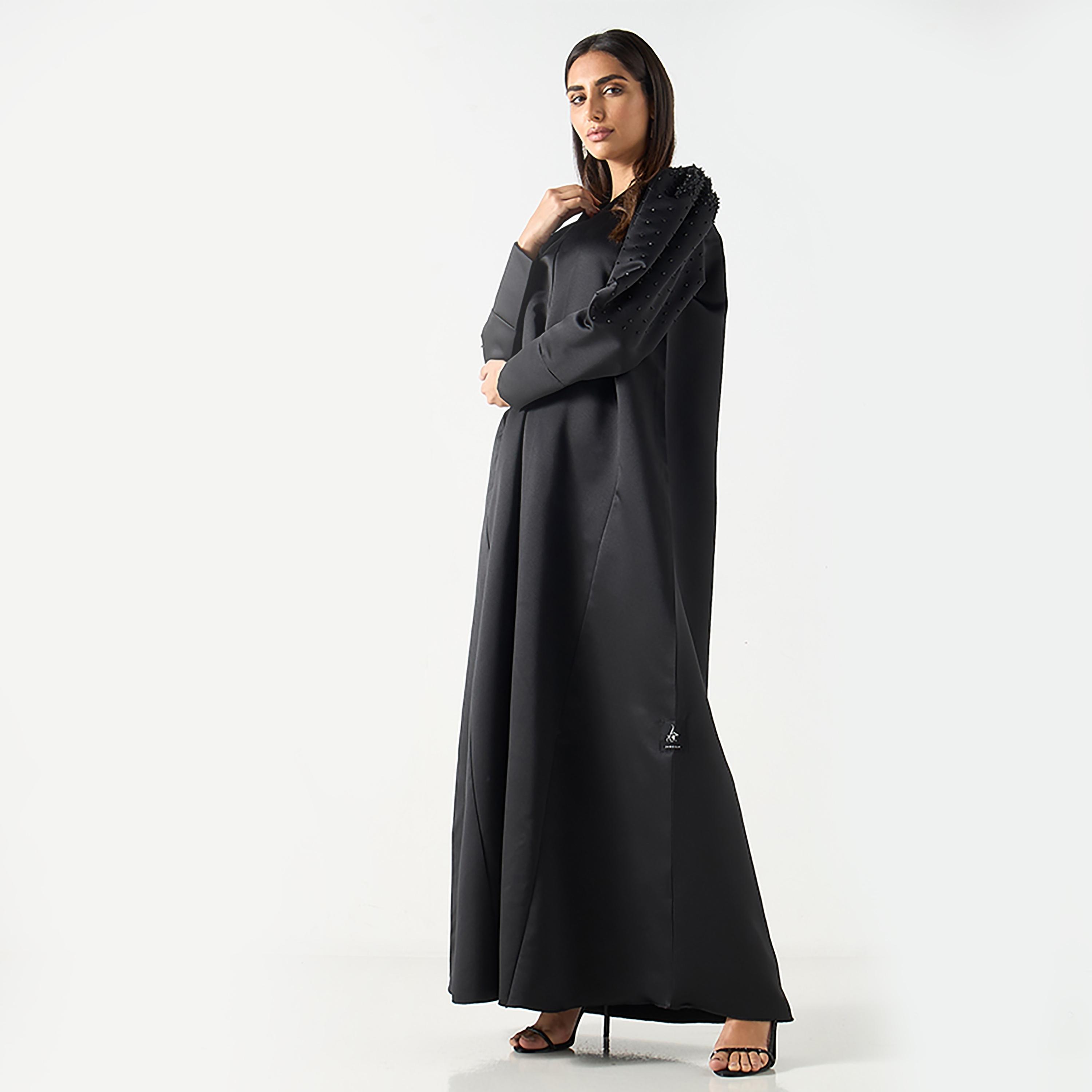 عباية نسائية سوداء بأكمام منفوخة مزينة بالكريستال مع حجاب من حديث المدينة-women-arabicclothing-abayas-image-1