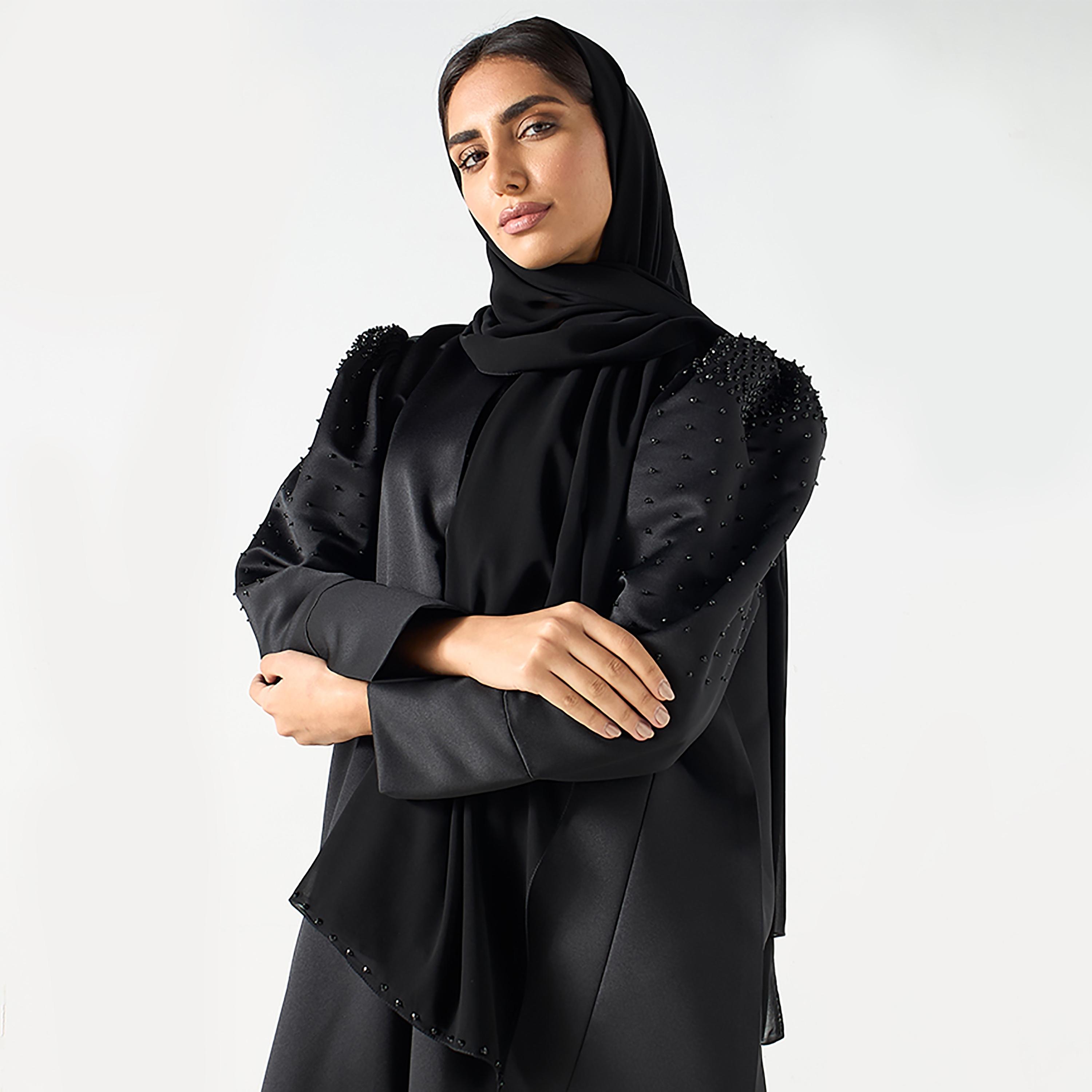عباية نسائية سوداء بأكمام منفوخة مزينة بالكريستال مع حجاب من حديث المدينة-women-arabicclothing-abayas-image-2