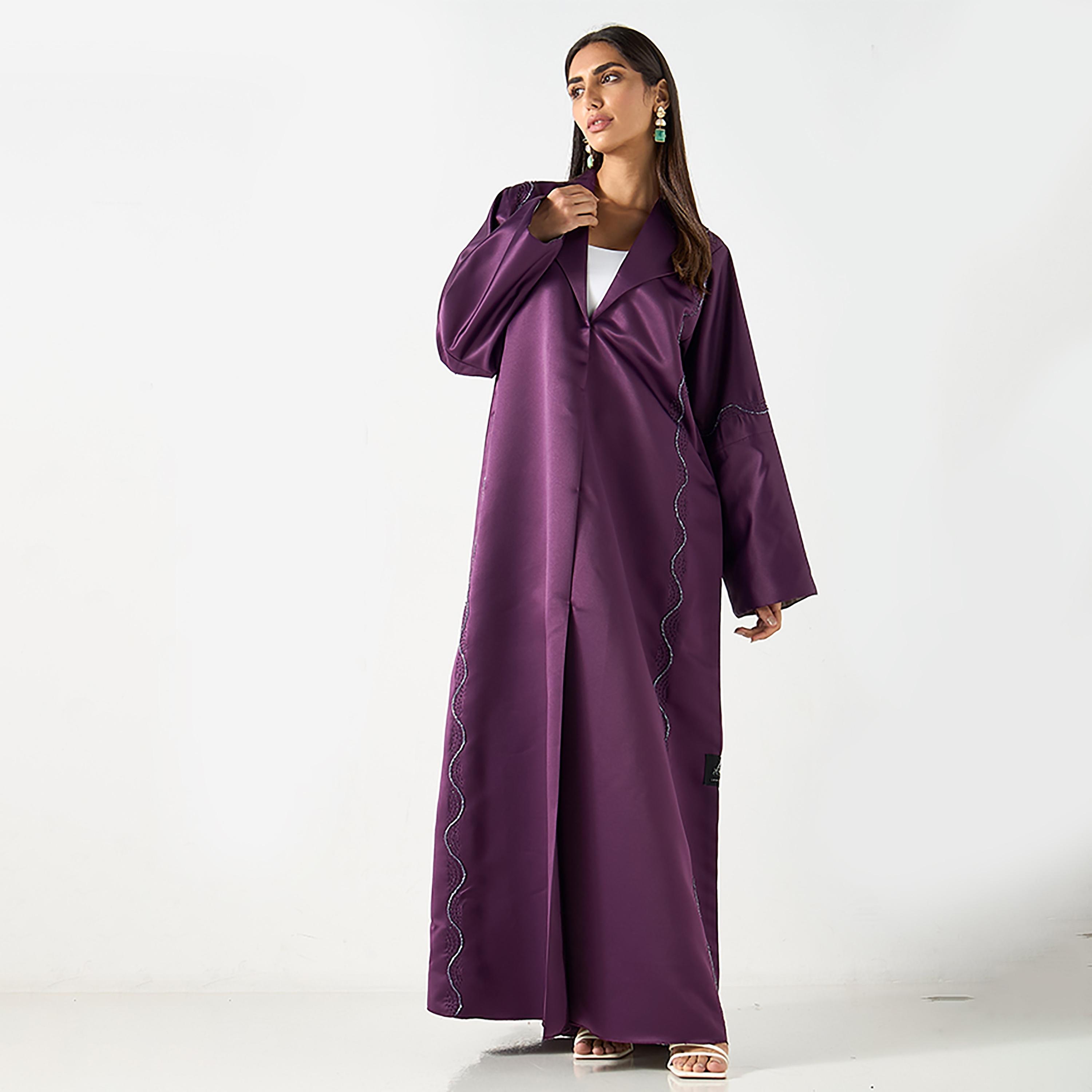 عباية نسائية من الساتان المزخرف باللون الأرجواني مع حجاب من حديث المدينة-women-arabicclothing-abayas-image-1