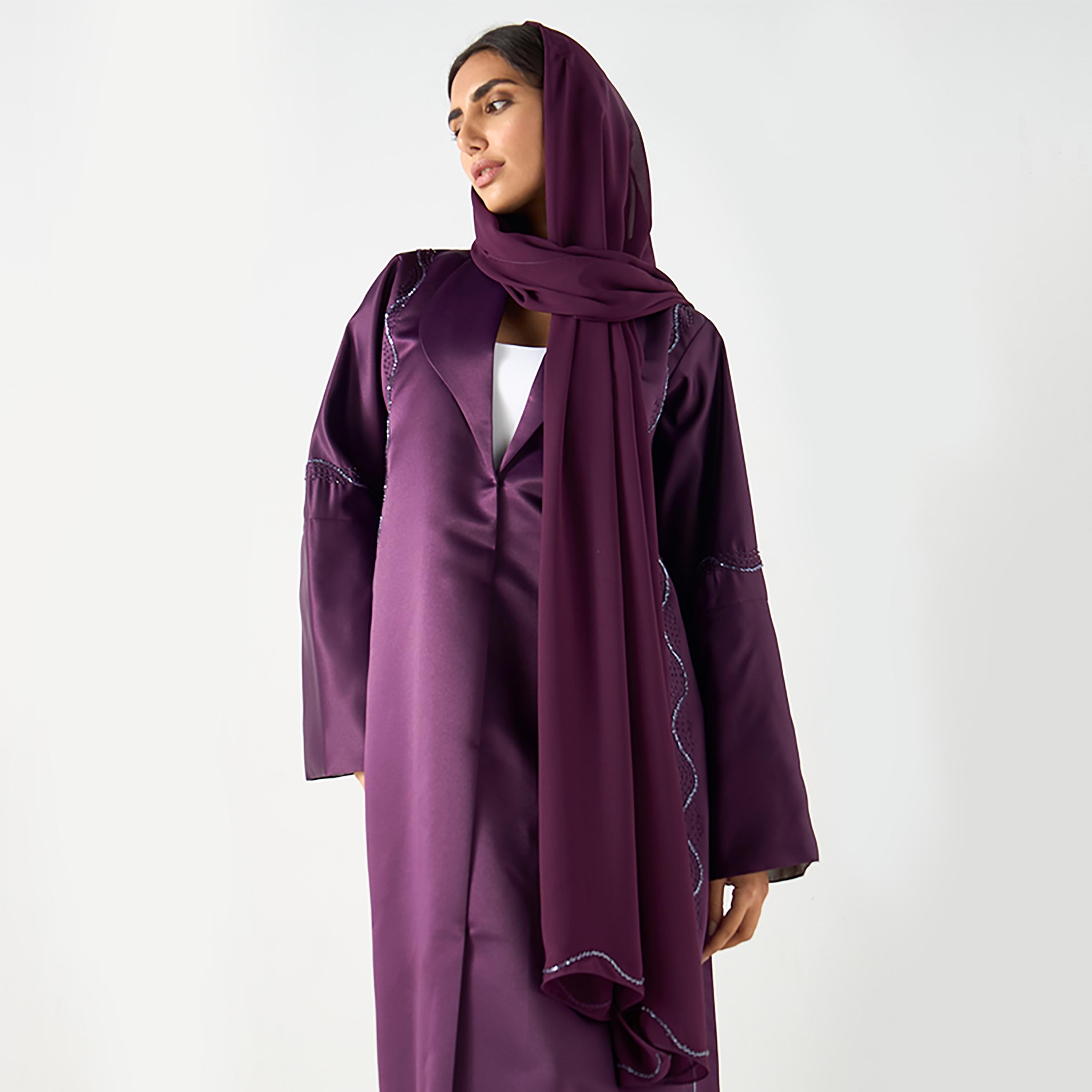 عباية نسائية من الساتان المزخرف باللون الأرجواني مع حجاب من حديث المدينة-women-arabicclothing-abayas-image-2