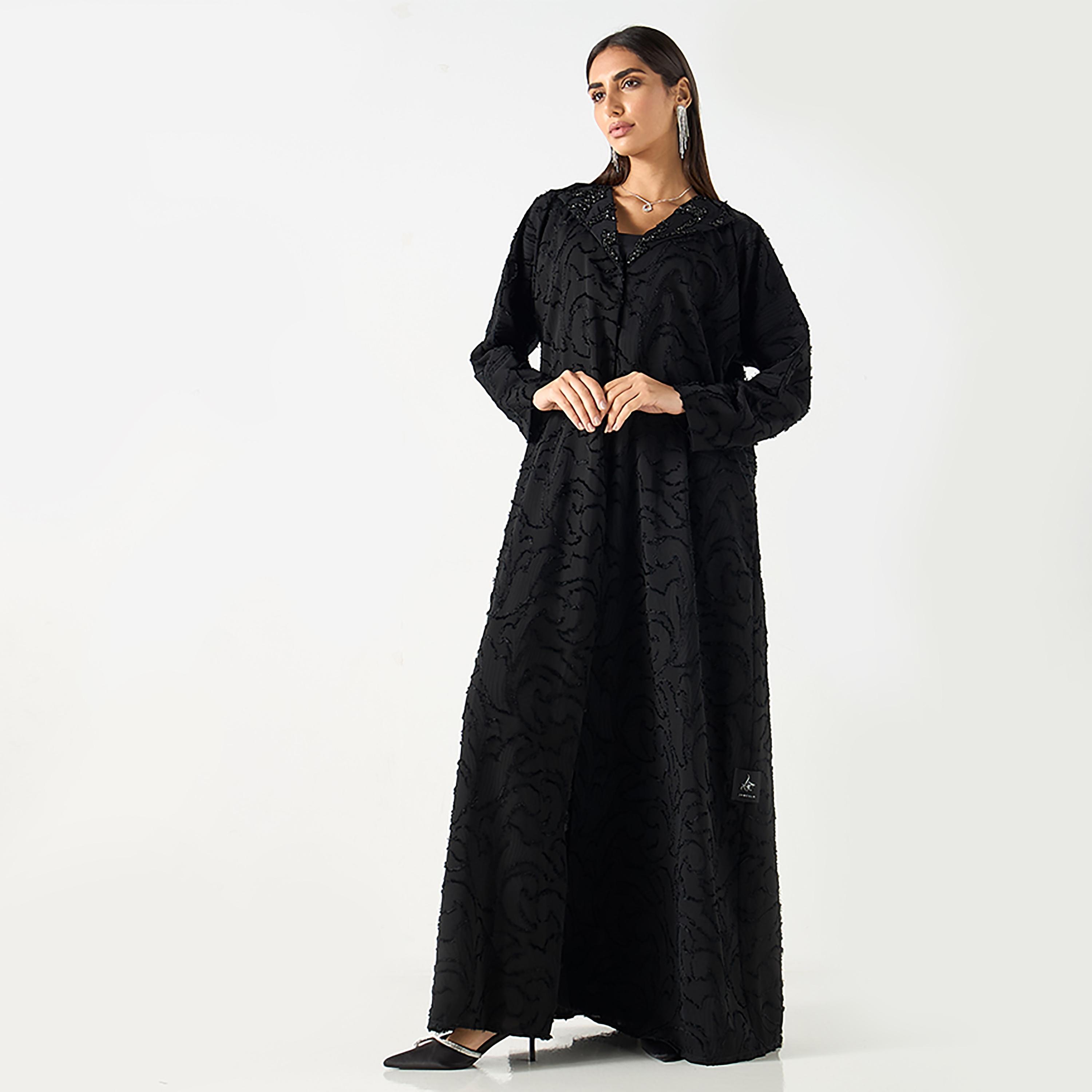 Hadiyath Al Madinah Black Textured Embellished Women's Abaya with Hijab-women-arabicclothing-abayas-image-1