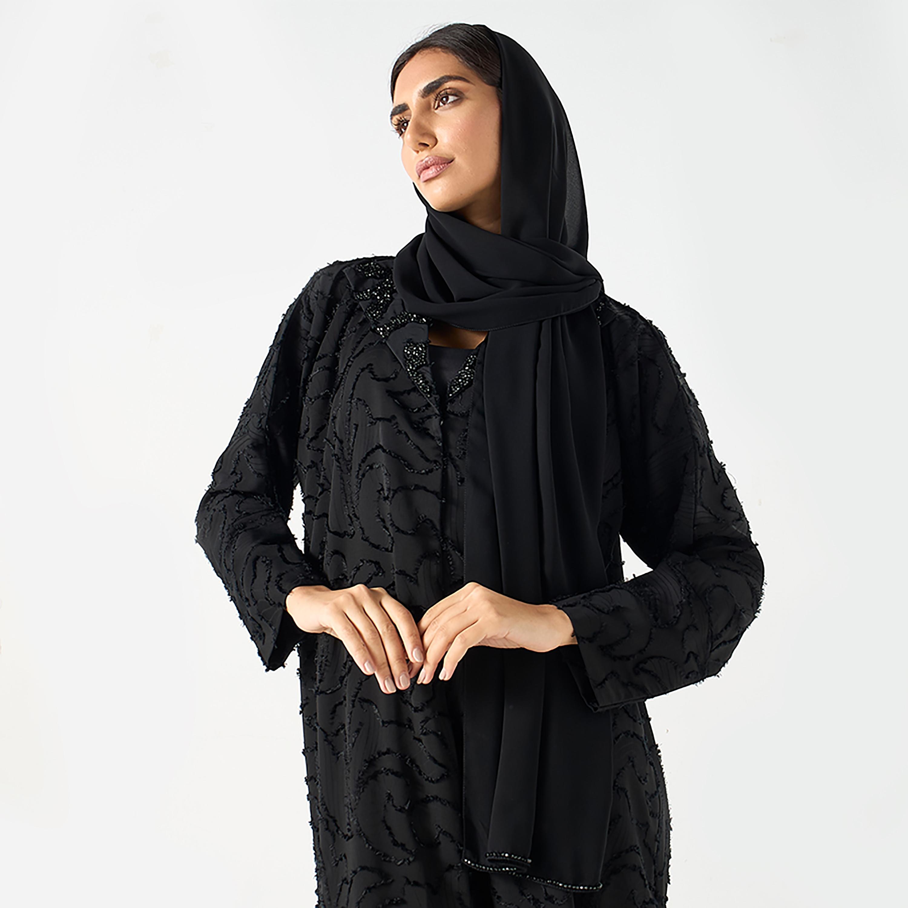 Hadiyath Al Madinah Black Textured Embellished Women's Abaya with Hijab-women-arabicclothing-abayas-image-2