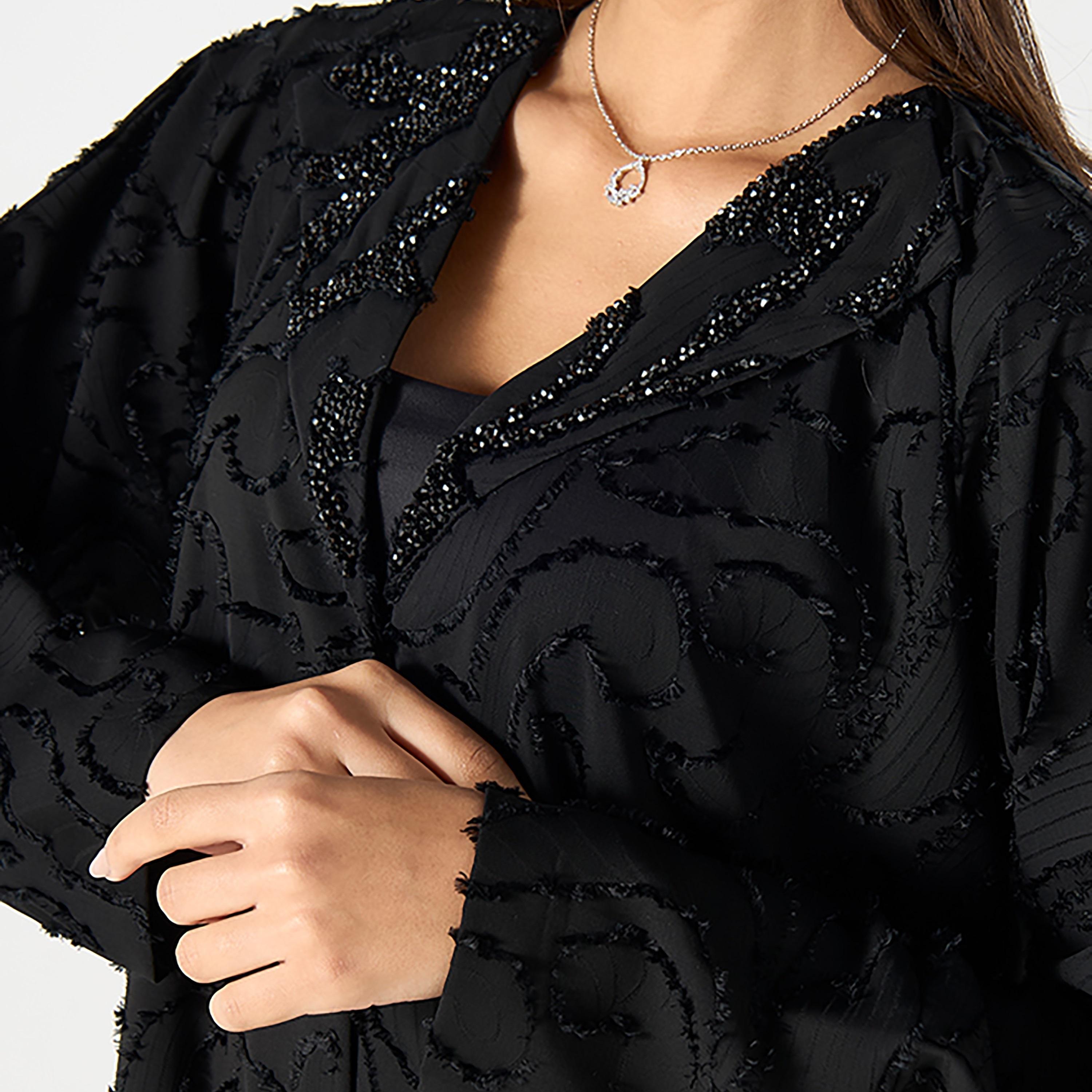 Hadiyath Al Madinah Black Textured Embellished Women's Abaya with Hijab-women-arabicclothing-abayas-image-3