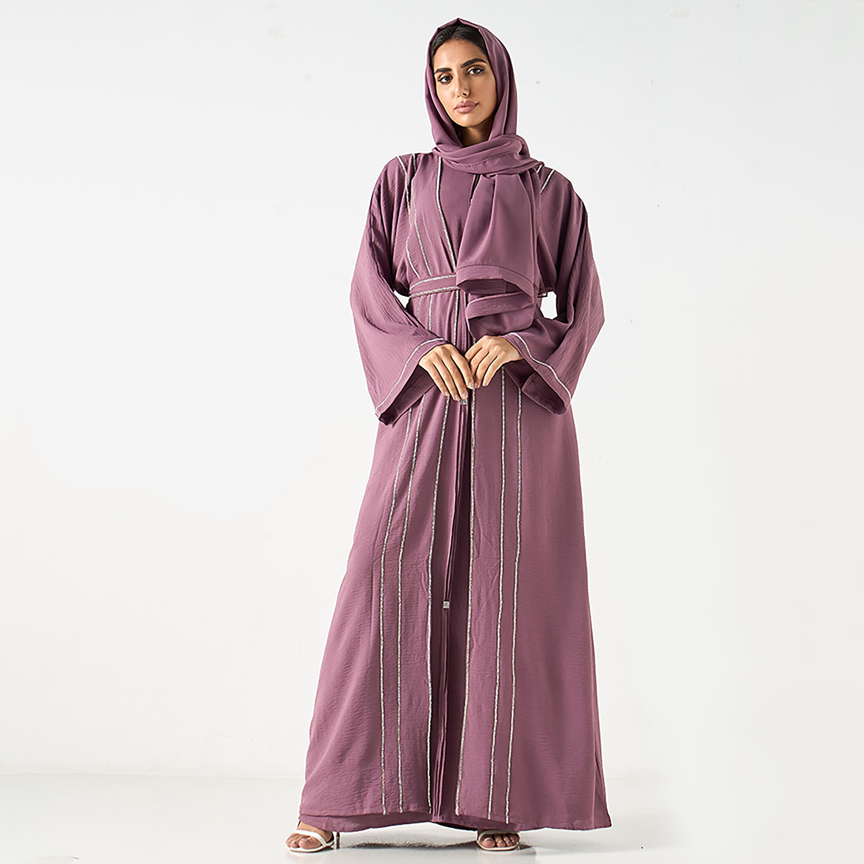 Hadiyath Al Madinah Mauve Delicate Embellished Crepe Women's Abaya with Hijab-women-arabicclothing-abayas-image-1