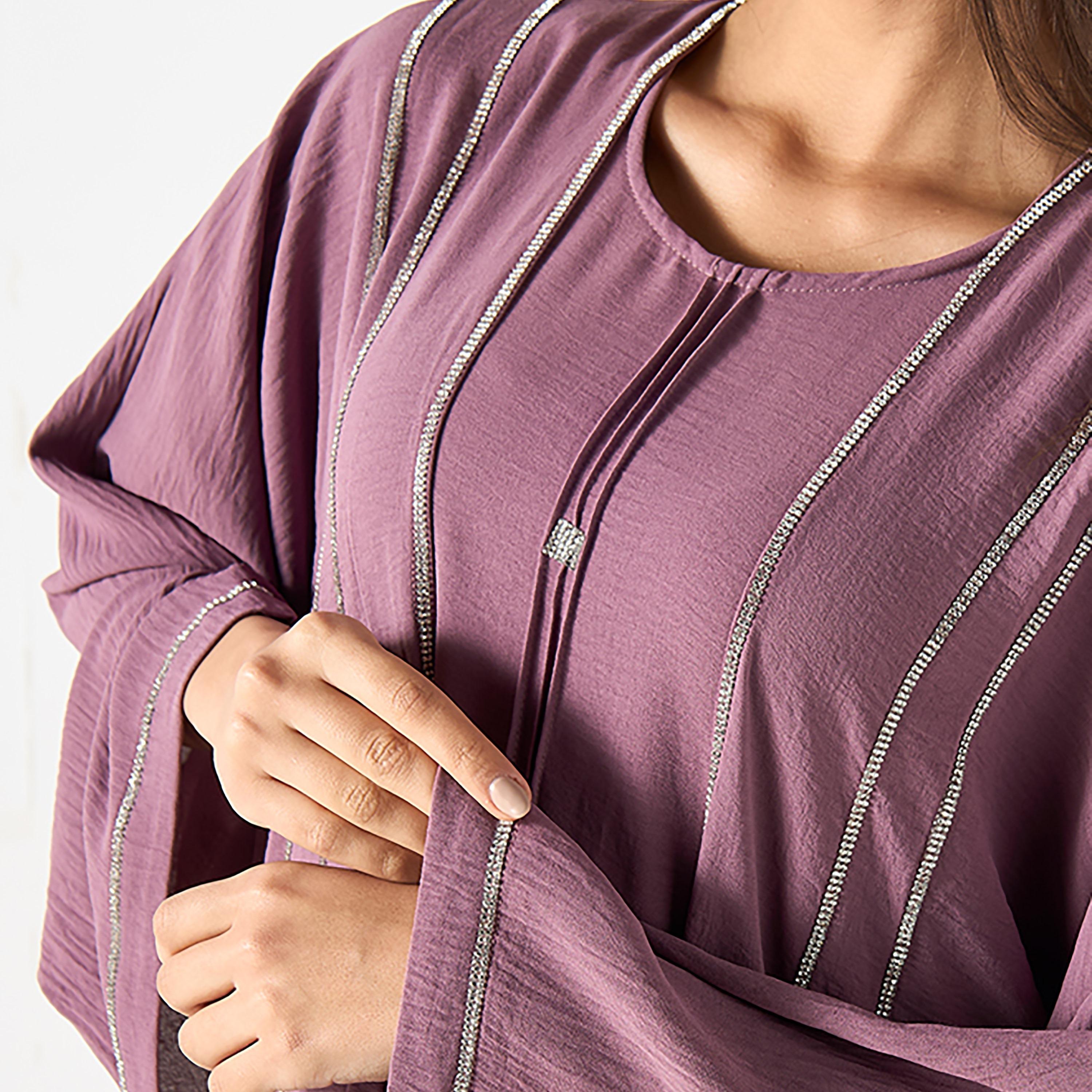 Hadiyath Al Madinah Mauve Delicate Embellished Crepe Women's Abaya with Hijab-women-arabicclothing-abayas-image-2
