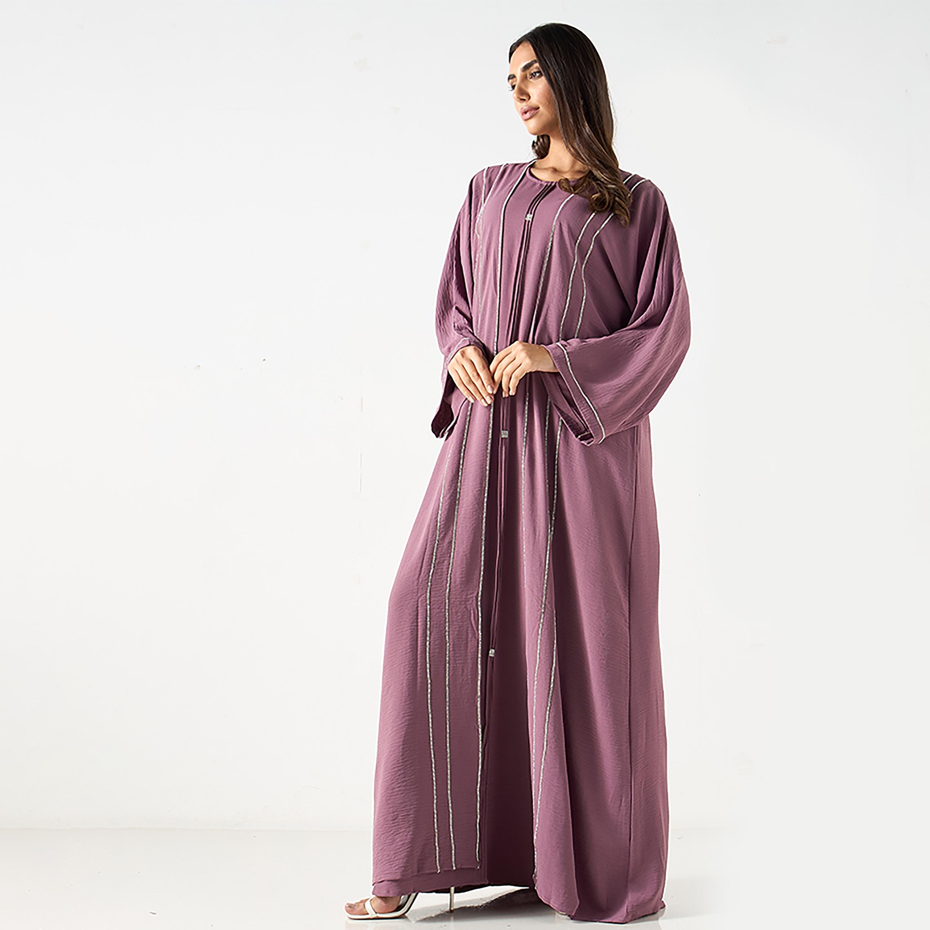 Hadiyath Al Madinah Mauve Delicate Embellished Crepe Women's Abaya with Hijab-women-arabicclothing-abayas-image-3