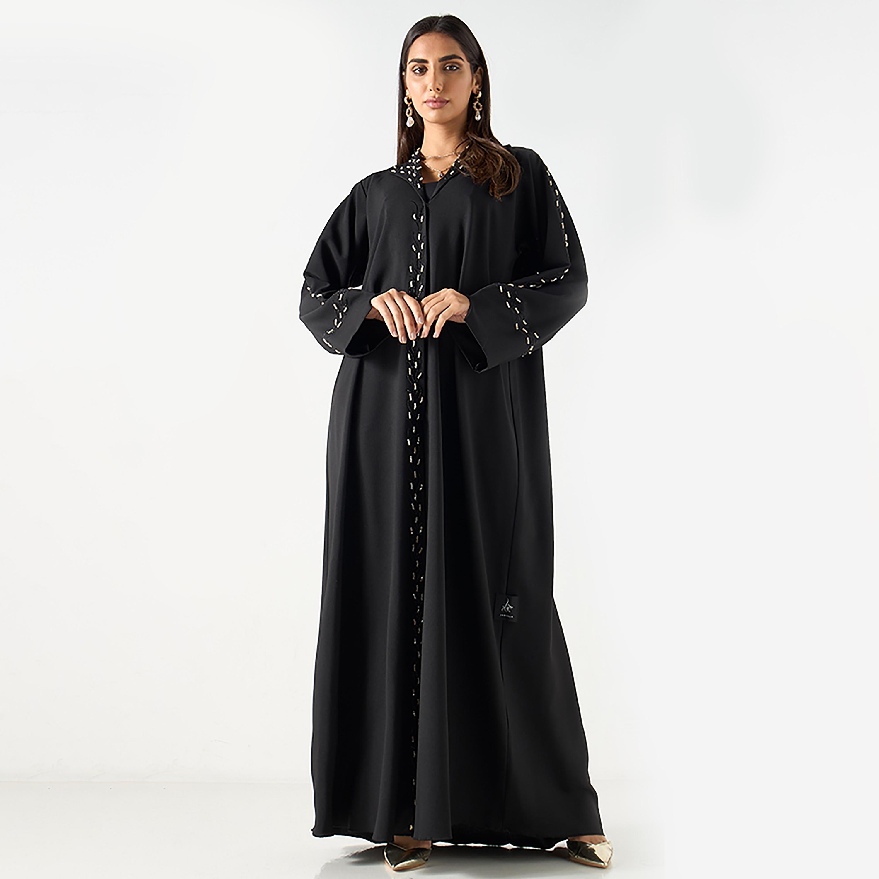 Hadiyath Al Madinah Black Intricate Embroidered Nada Women's Abaya with Hijab-women-arabicclothing-abayas-image-1