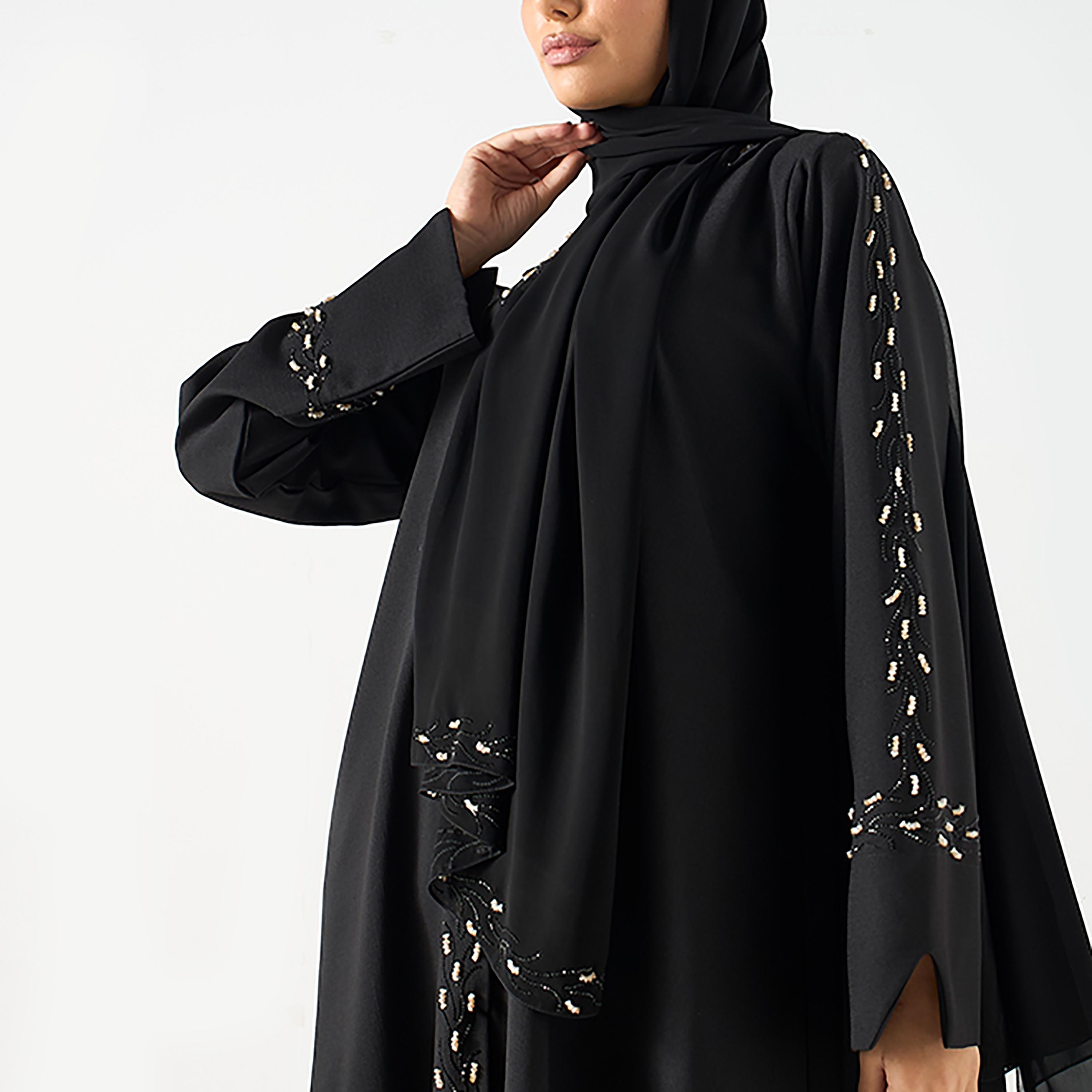 Hadiyath Al Madinah Black Intricate Embroidered Nada Women's Abaya with Hijab-women-arabicclothing-abayas-image-2