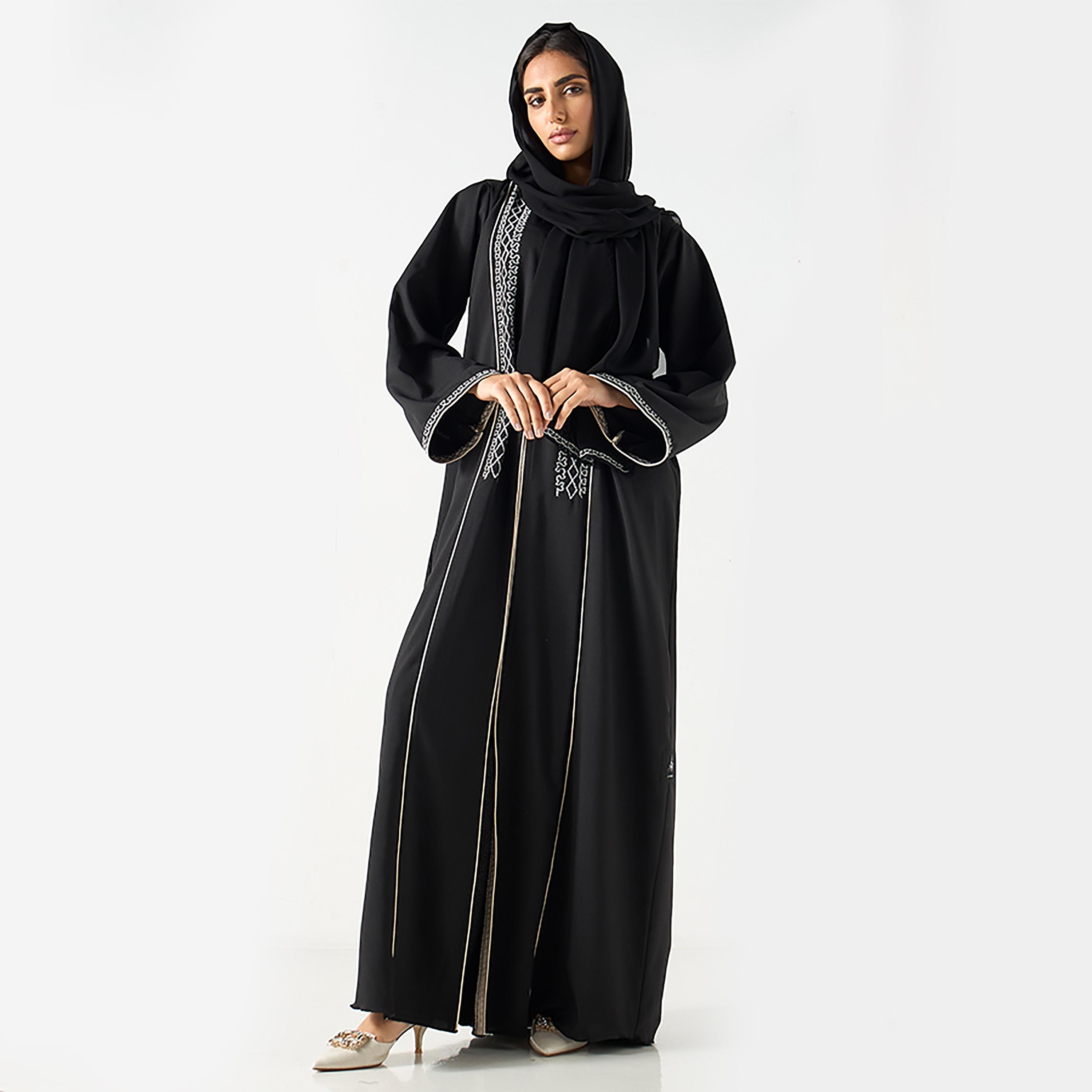 Hadiyath Al Madinah Black Intricate Embroidered Women's Abaya with Hijab-women-arabicclothing-abayas-image-1