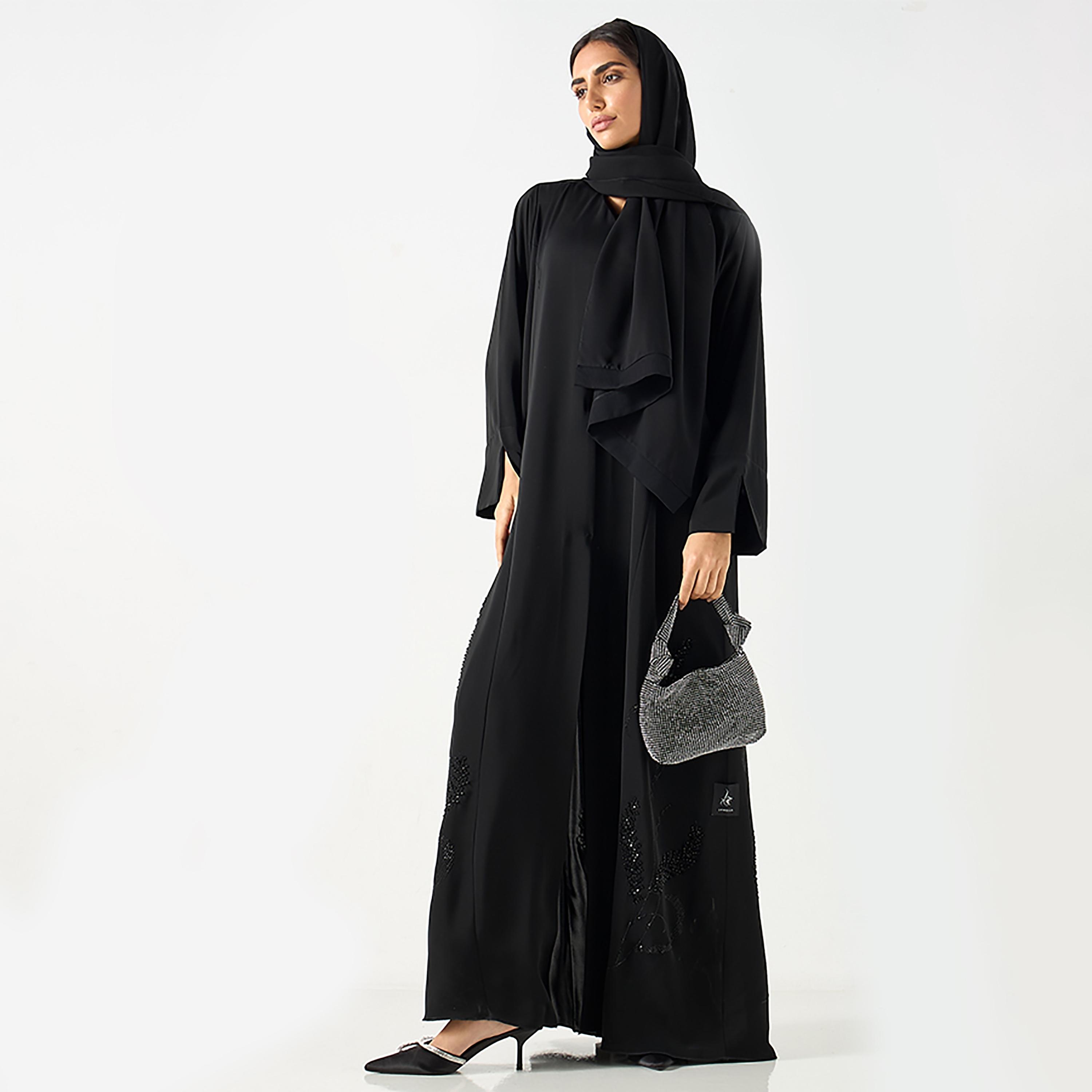 Hadiyath Al Madinah Black Embroidered Nada Women's Abaya with Hijab-women-arabicclothing-abayas-image-1