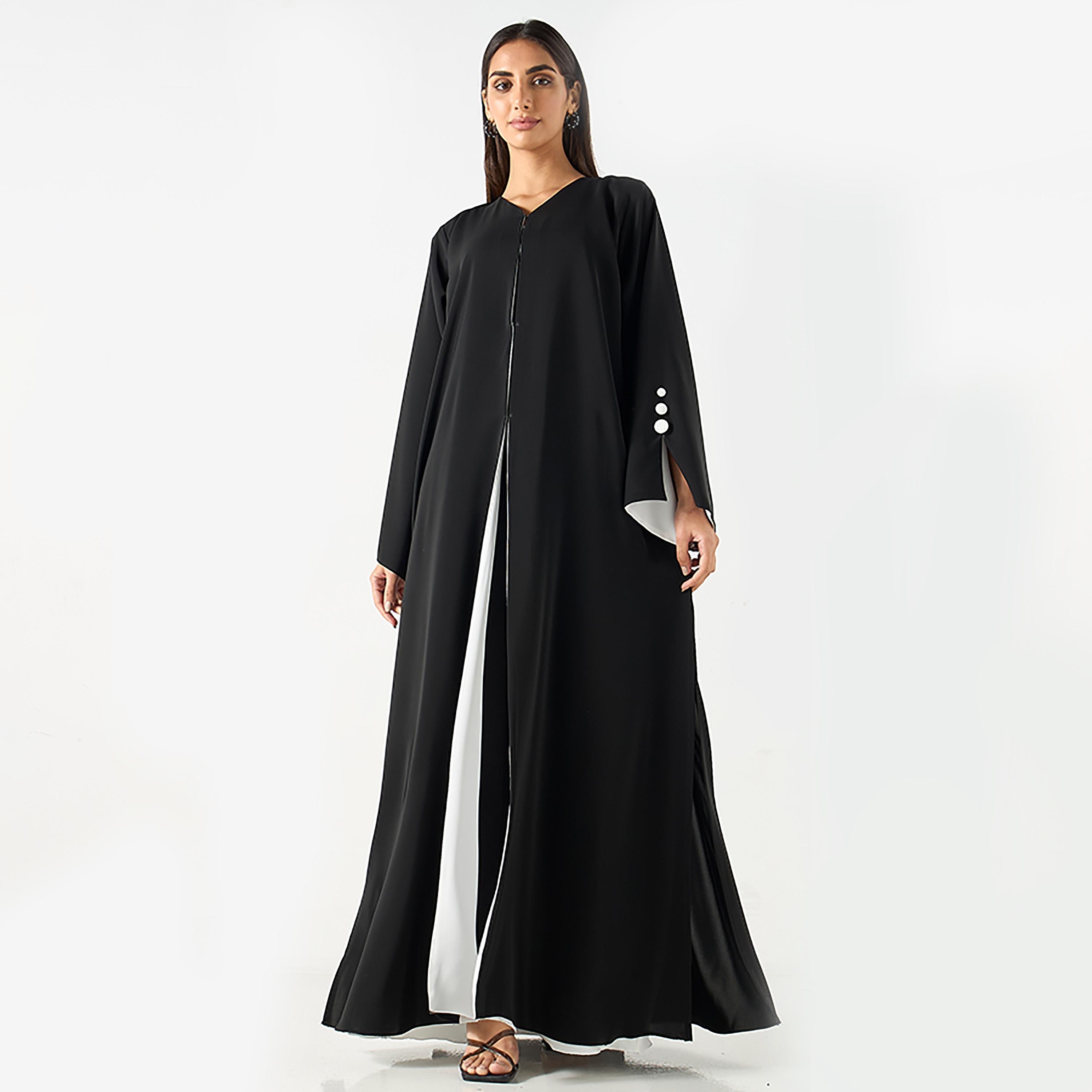 Hadiyath Al Madinah Black Striking Contrast Nada Women's Abaya with Hijab-women-arabicclothing-abayas-image-1