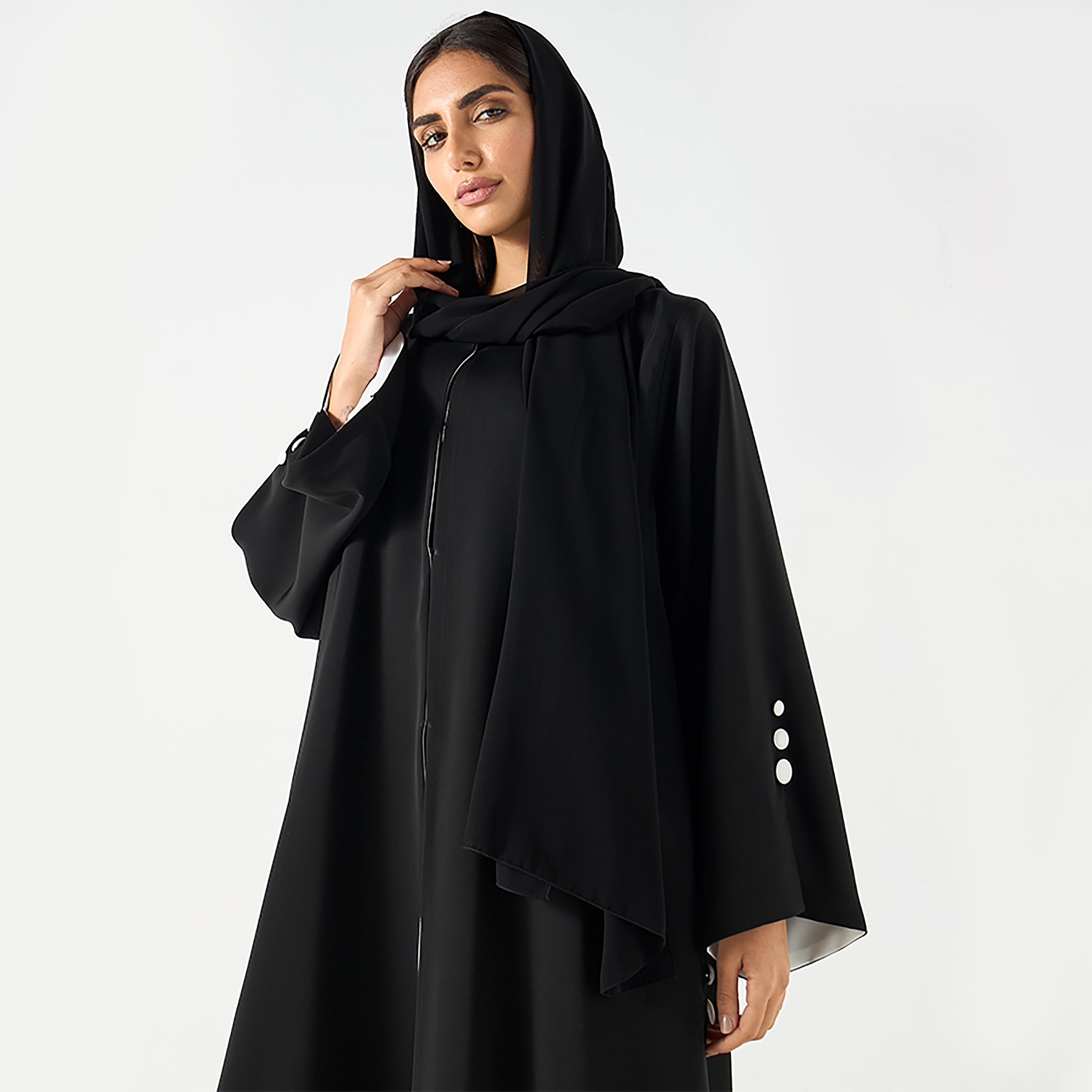 Hadiyath Al Madinah Black Striking Contrast Nada Women's Abaya with Hijab-women-arabicclothing-abayas-image-2