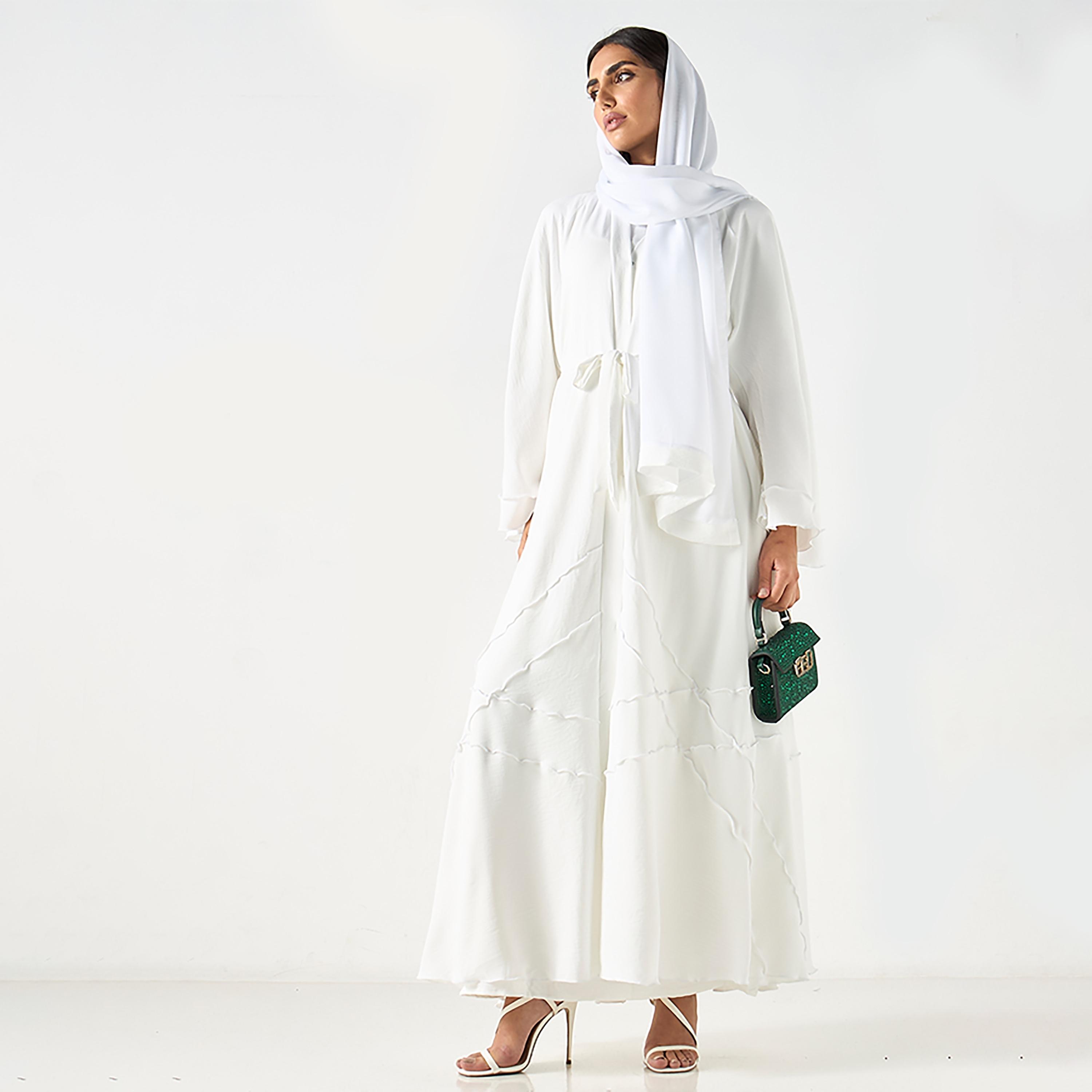 Hadiyath Al Madinah White Classic Flowy Crepe Women's Abaya with Hijab-women-arabicclothing-abayas-image-1
