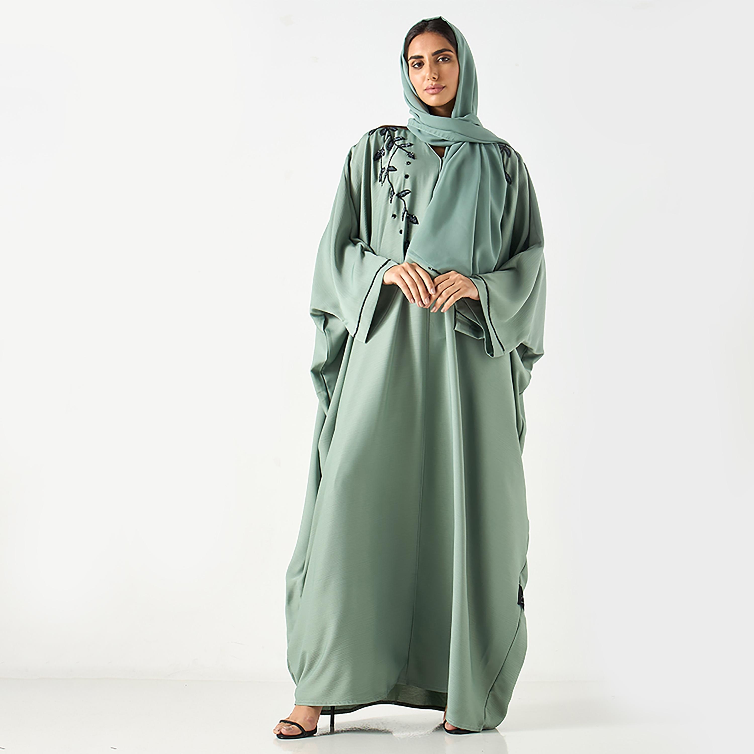 Hadiyath Al Madinah Green Embellished Satin Women's Bisht Abaya with Hijab-women-arabicclothing-abayas-image-1