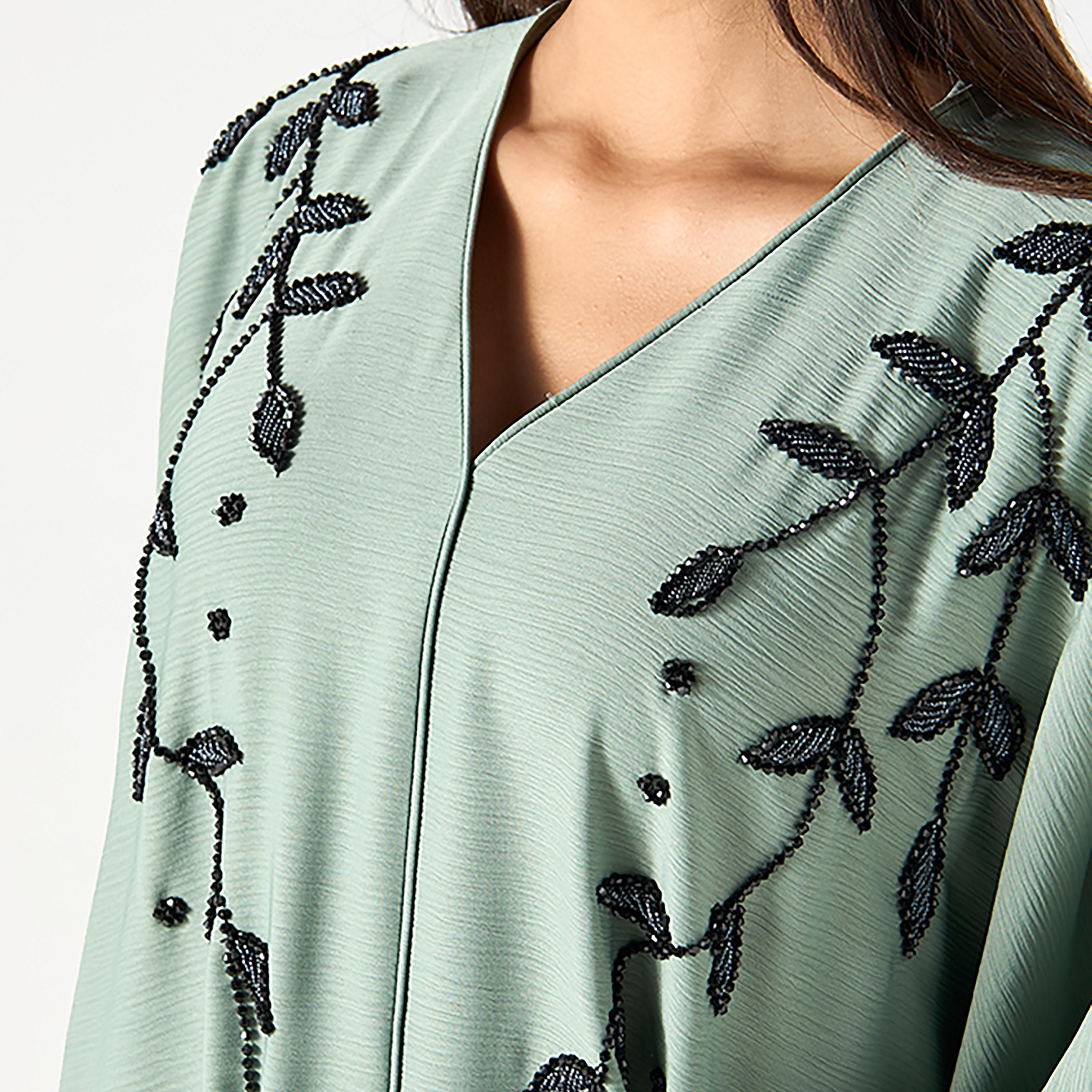 Hadiyath Al Madinah Green Embellished Satin Women's Bisht Abaya with Hijab-women-arabicclothing-abayas-image-2
