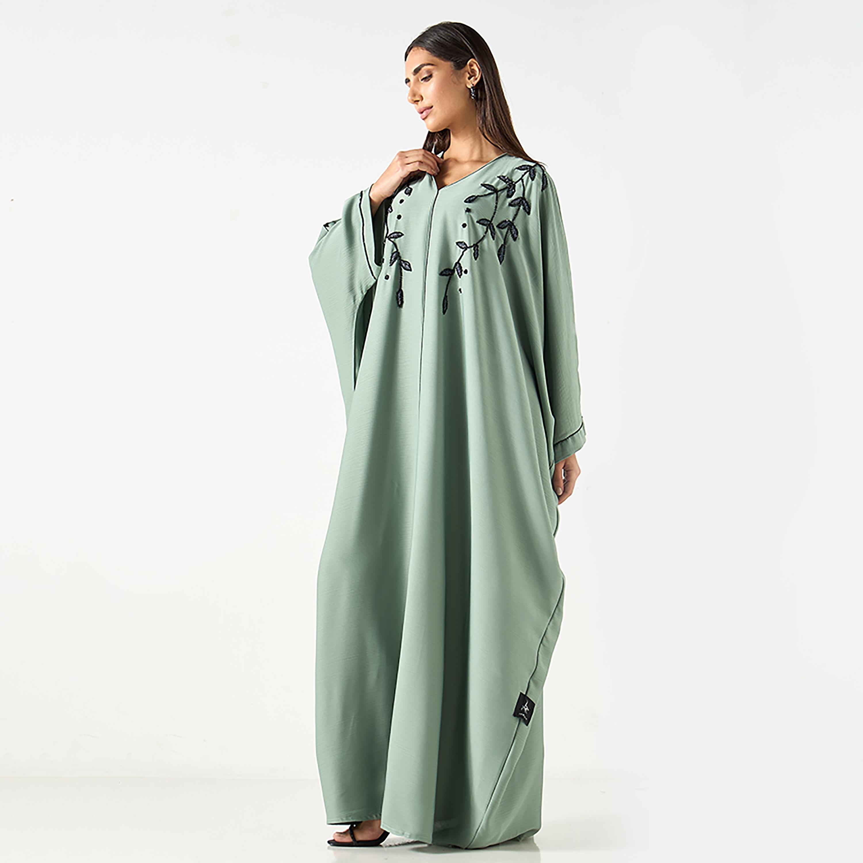 Hadiyath Al Madinah Green Embellished Satin Women's Bisht Abaya with Hijab-women-arabicclothing-abayas-image-3
