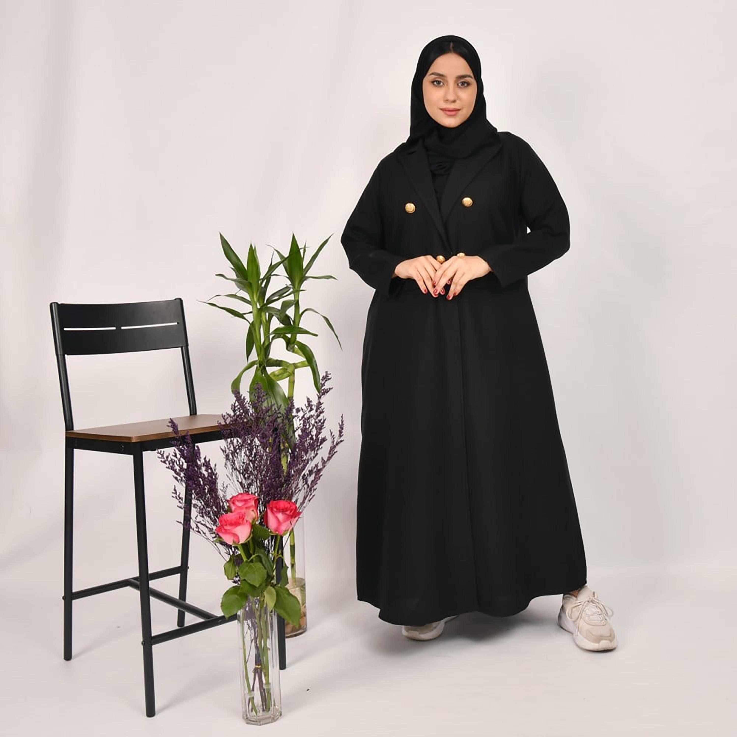 Lamha Gold Buttons Detailed & Front Flap Pocket Coat Style Abaya with Hijab-women-arabicclothing-abayas-image-1