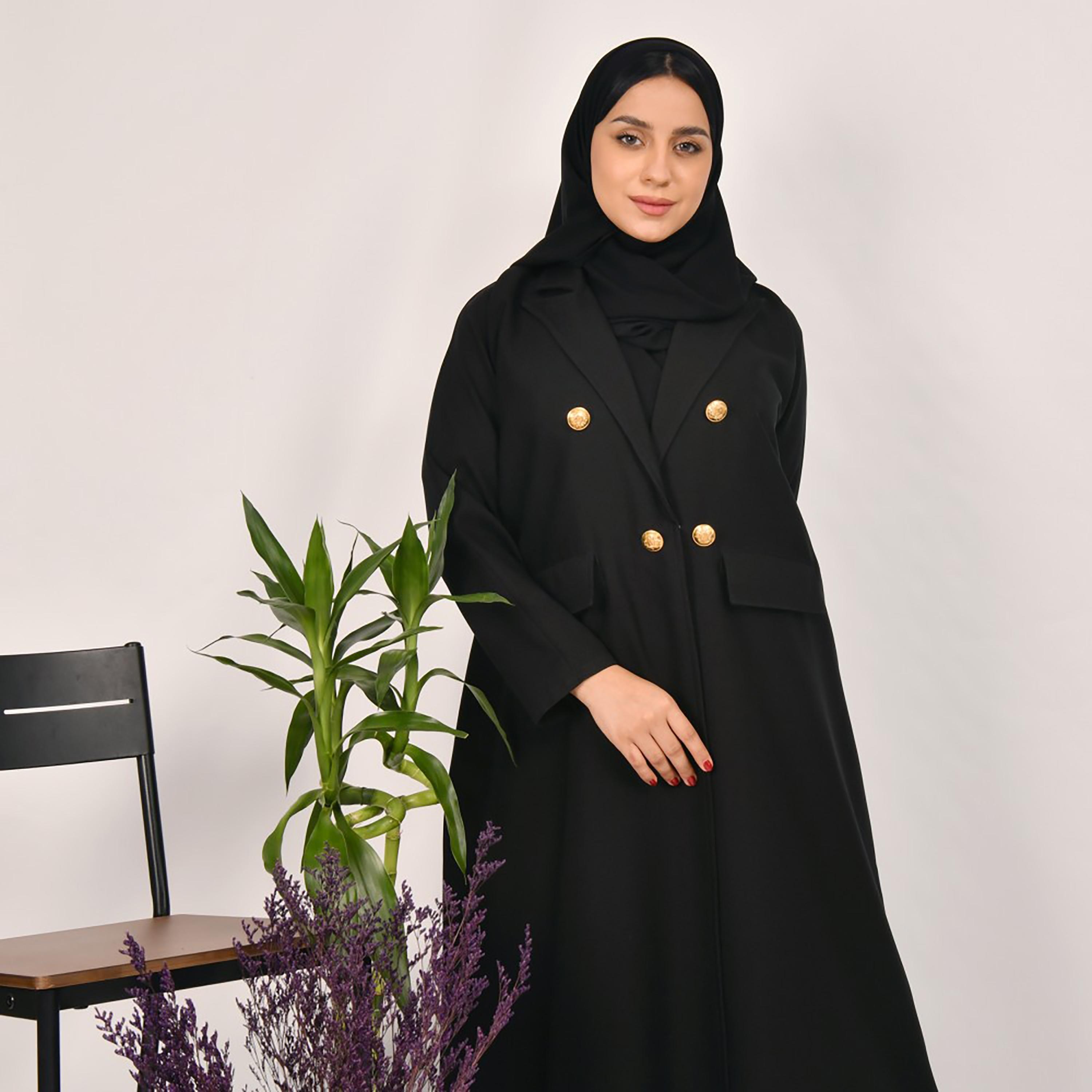 Lamha Gold Buttons Detailed & Front Flap Pocket Coat Style Abaya with Hijab-women-arabicclothing-abayas-image-2