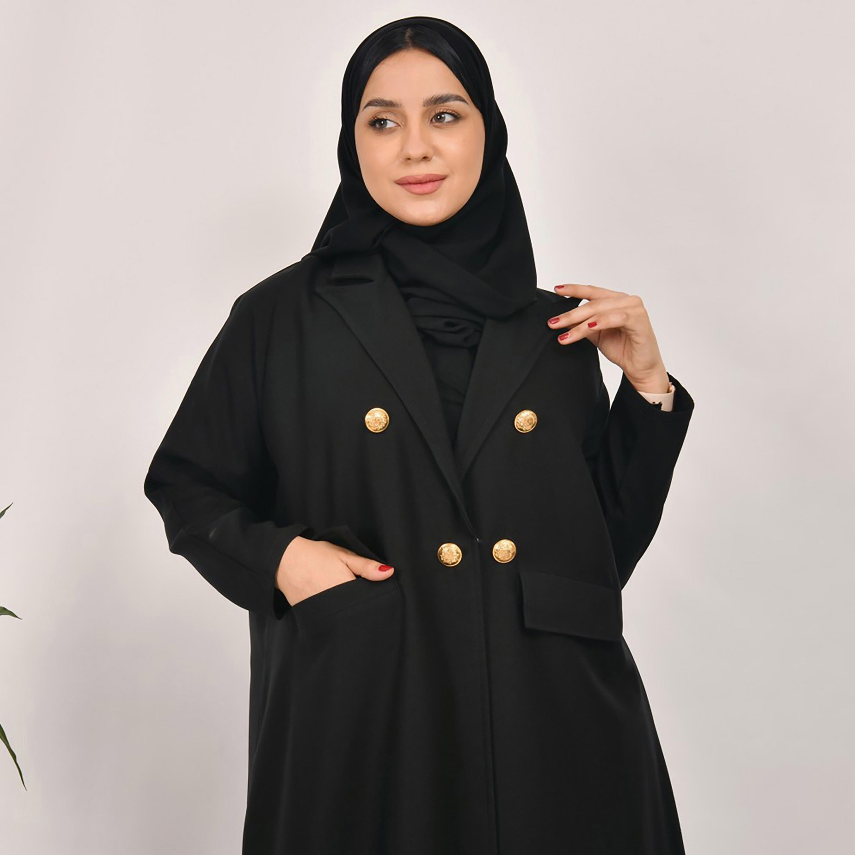 Lamha Gold Buttons Detailed & Front Flap Pocket Coat Style Abaya with Hijab-women-arabicclothing-abayas-image-3