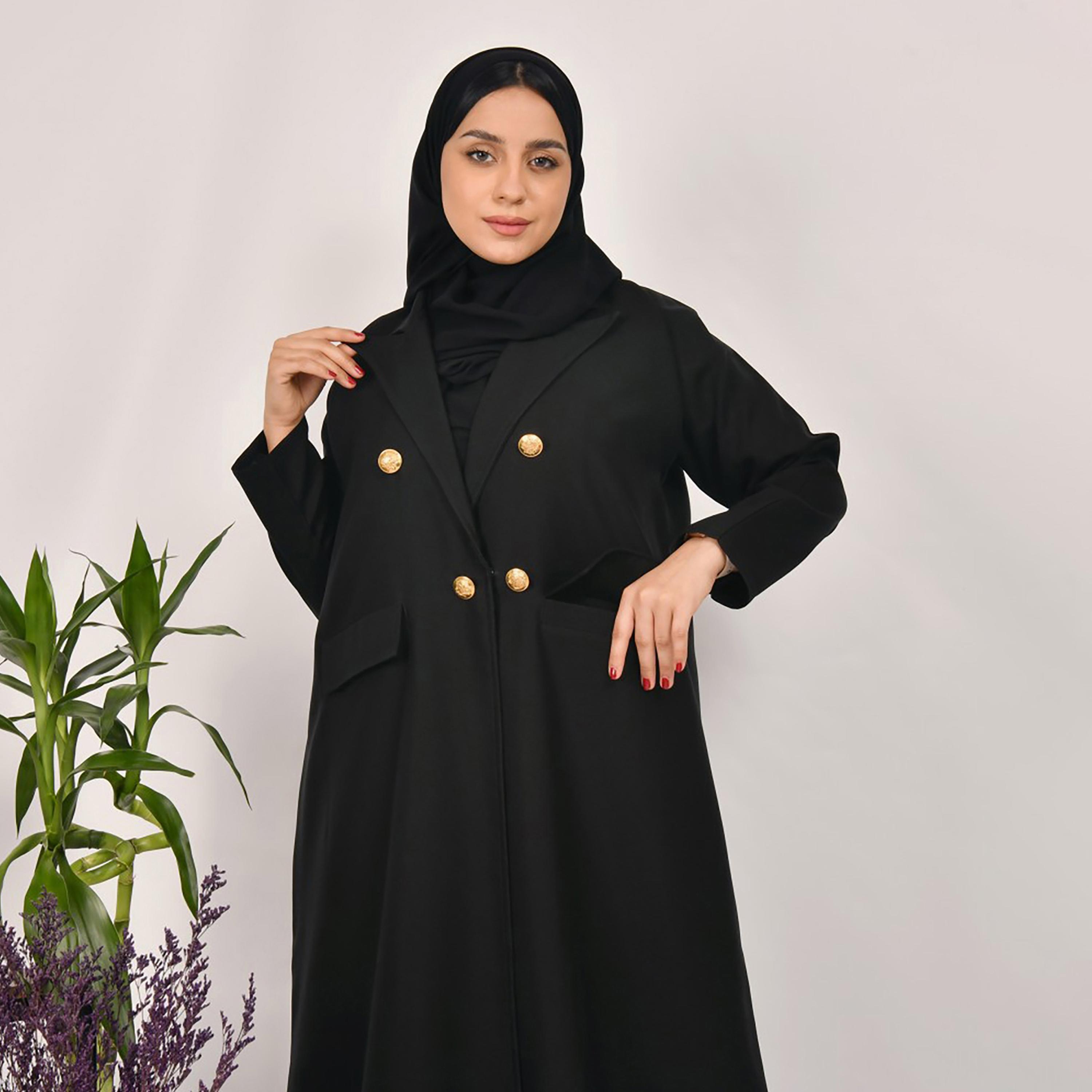 Lamha Gold Buttons Detailed & Front Flap Pocket Coat Style Abaya with Hijab-women-arabicclothing-abayas-image-4