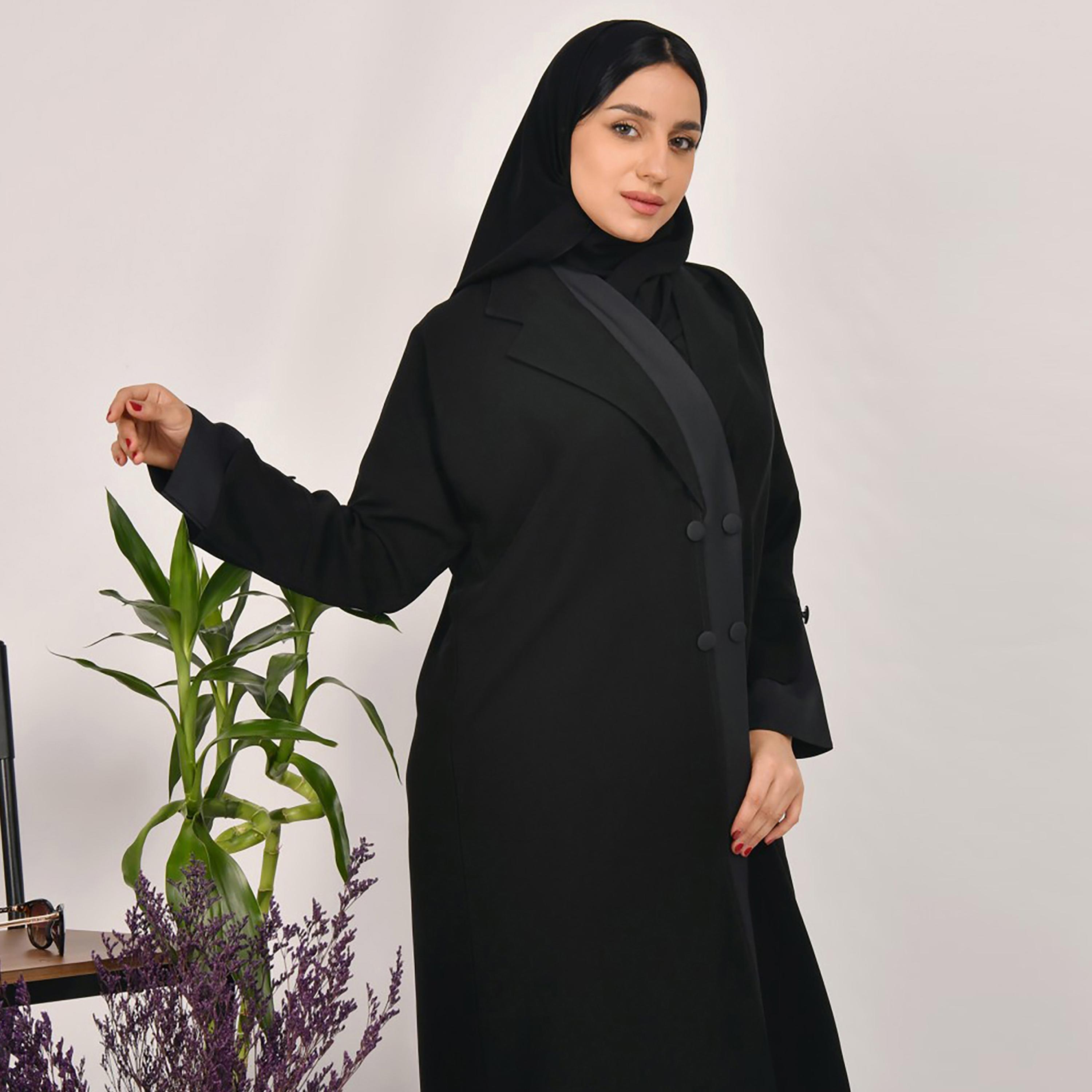 Lamha Buttons Detailed Coat Style Abaya with Hijab-women-arabicclothing-abayas-image-2