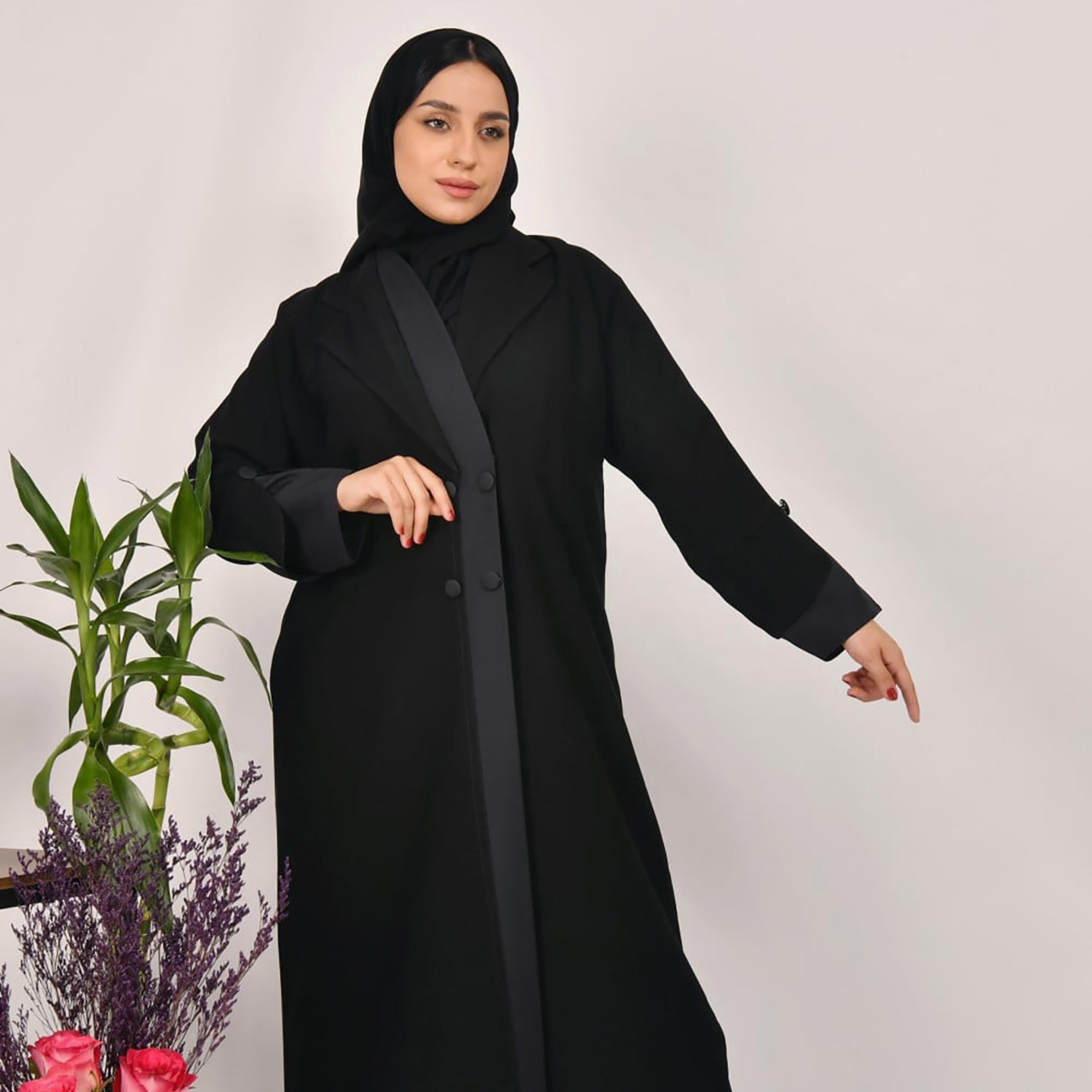 Lamha Buttons Detailed Coat Style Abaya with Hijab-women-arabicclothing-abayas-image-4