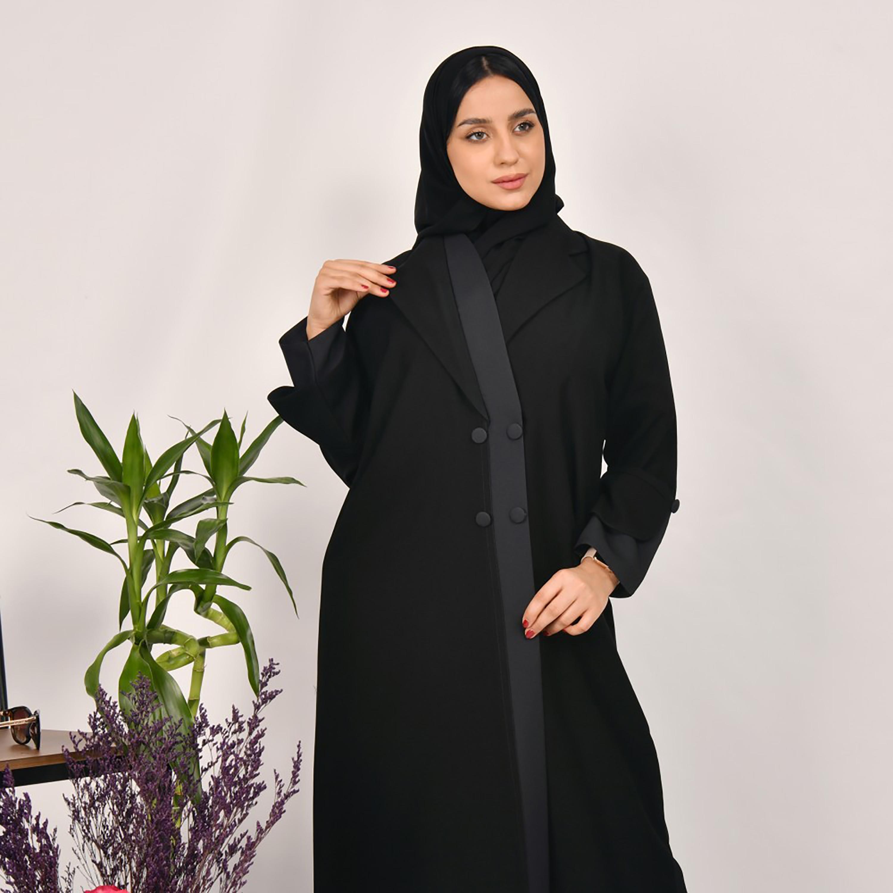 Lamha Buttons Detailed Coat Style Abaya with Hijab-women-arabicclothing-abayas-image-1