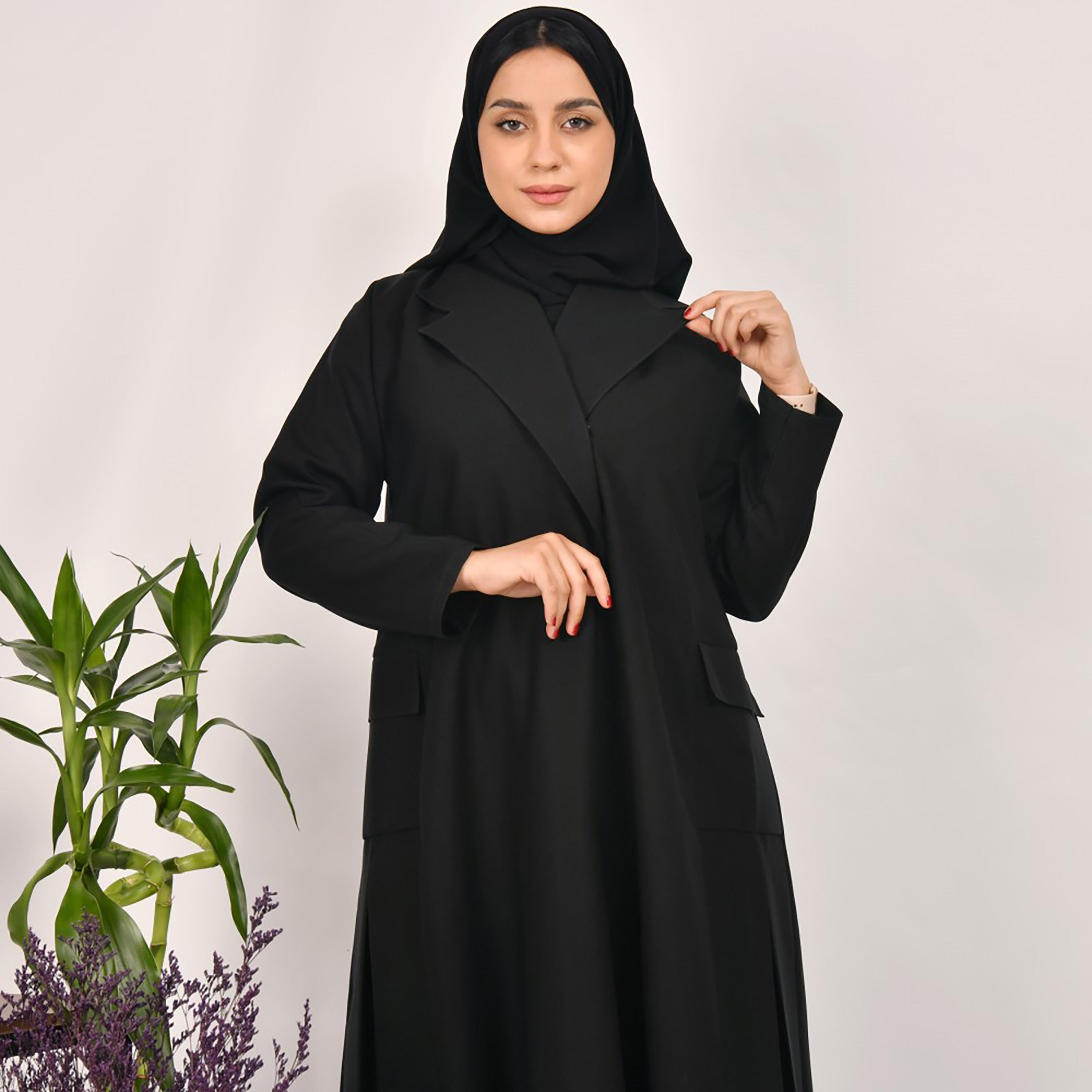 Lamha Plain Side Flap Pocket Coat Style Abaya with Hijab-women-arabicclothing-abayas-image-1