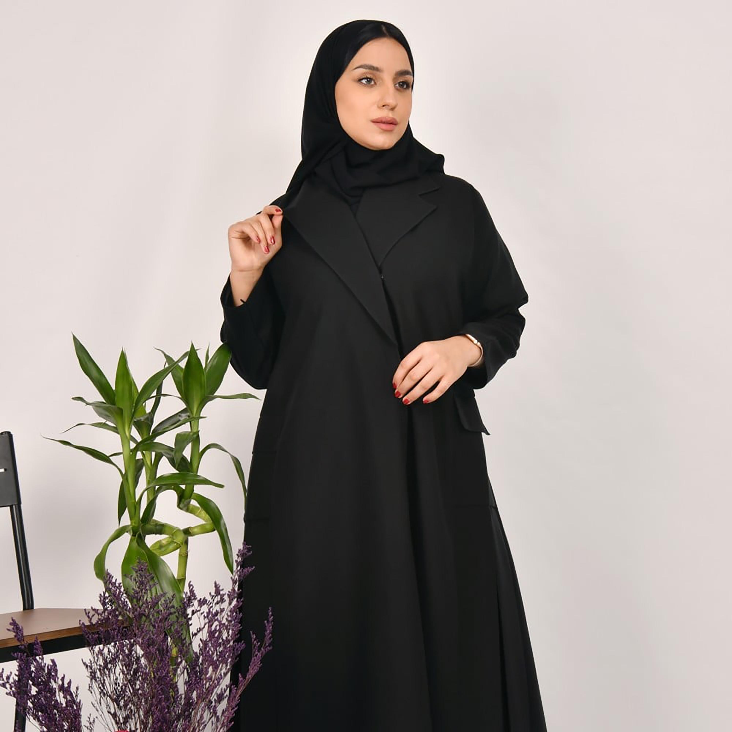 Lamha Plain Side Flap Pocket Coat Style Abaya with Hijab-women-arabicclothing-abayas-image-2