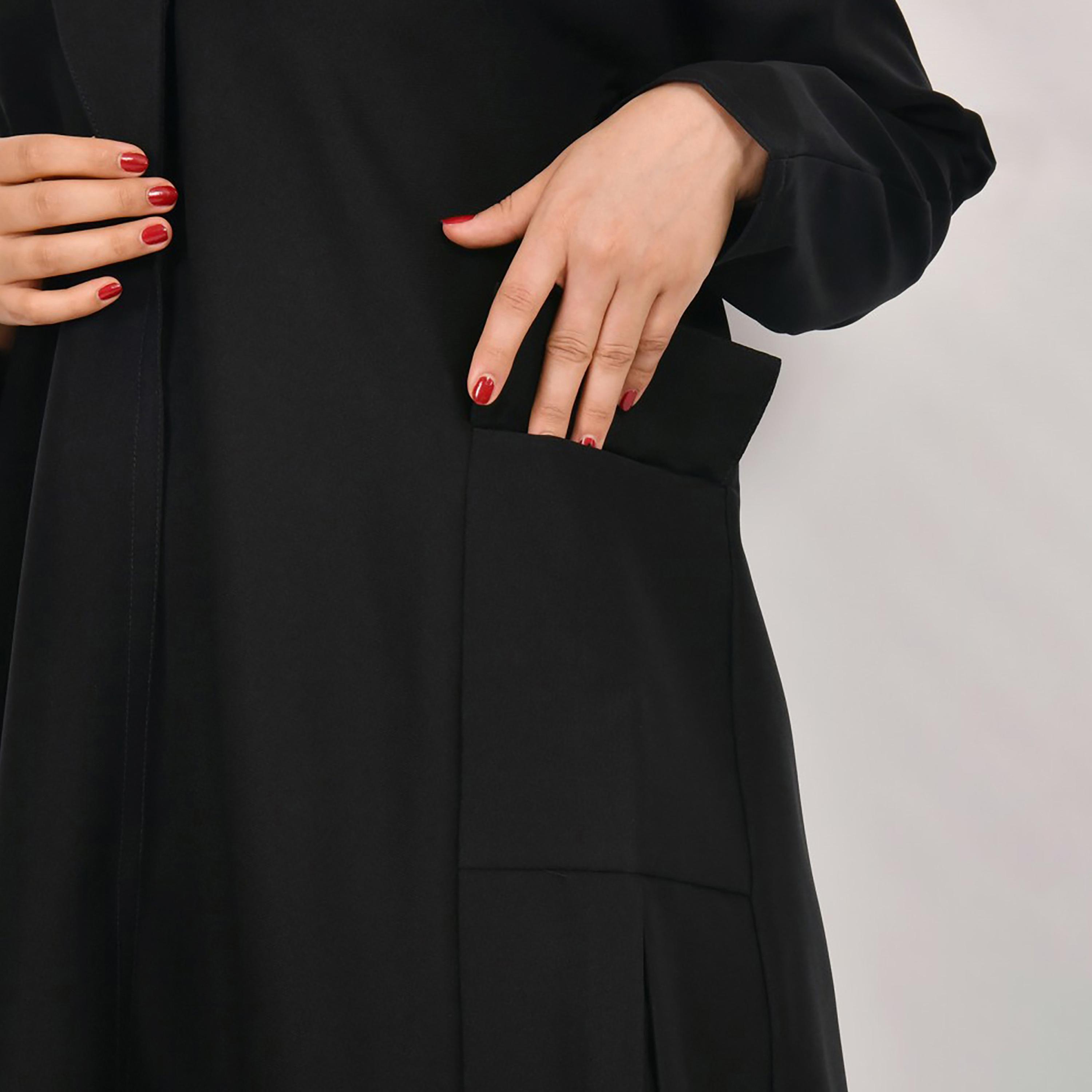 Lamha Plain Side Flap Pocket Coat Style Abaya with Hijab-women-arabicclothing-abayas-image-3