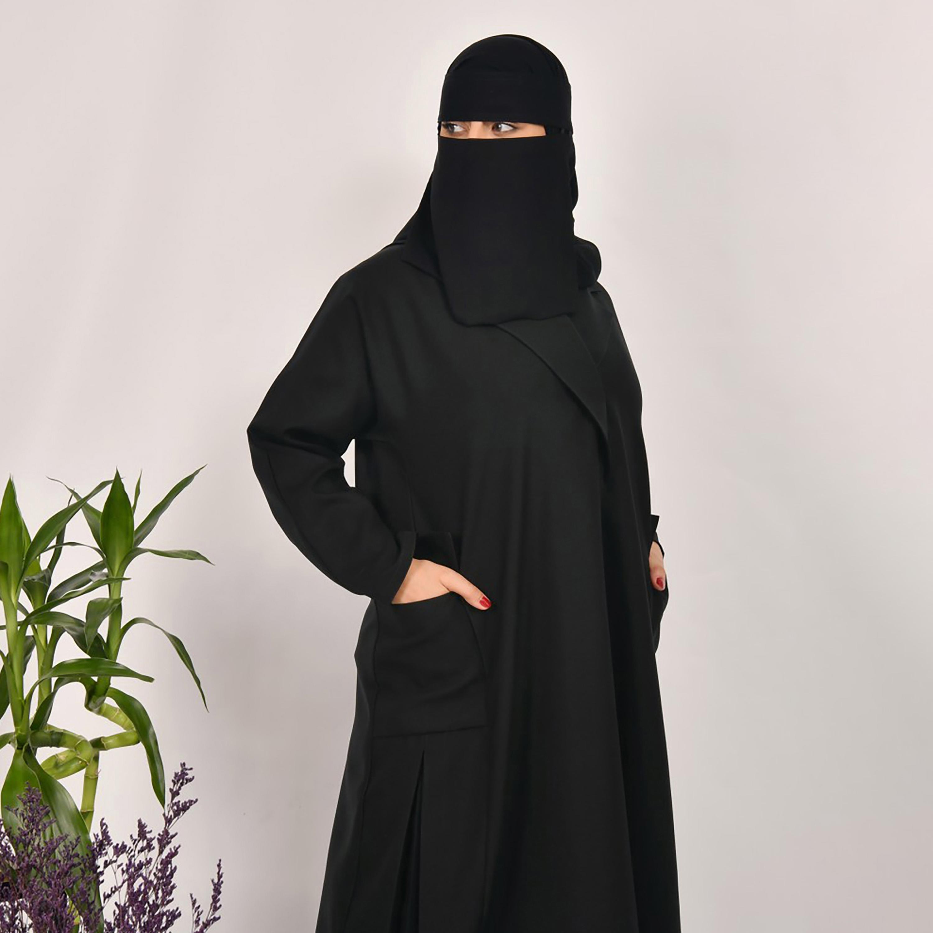 Lamha Plain Side Flap Pocket Coat Style Abaya with Hijab-women-arabicclothing-abayas-image-4